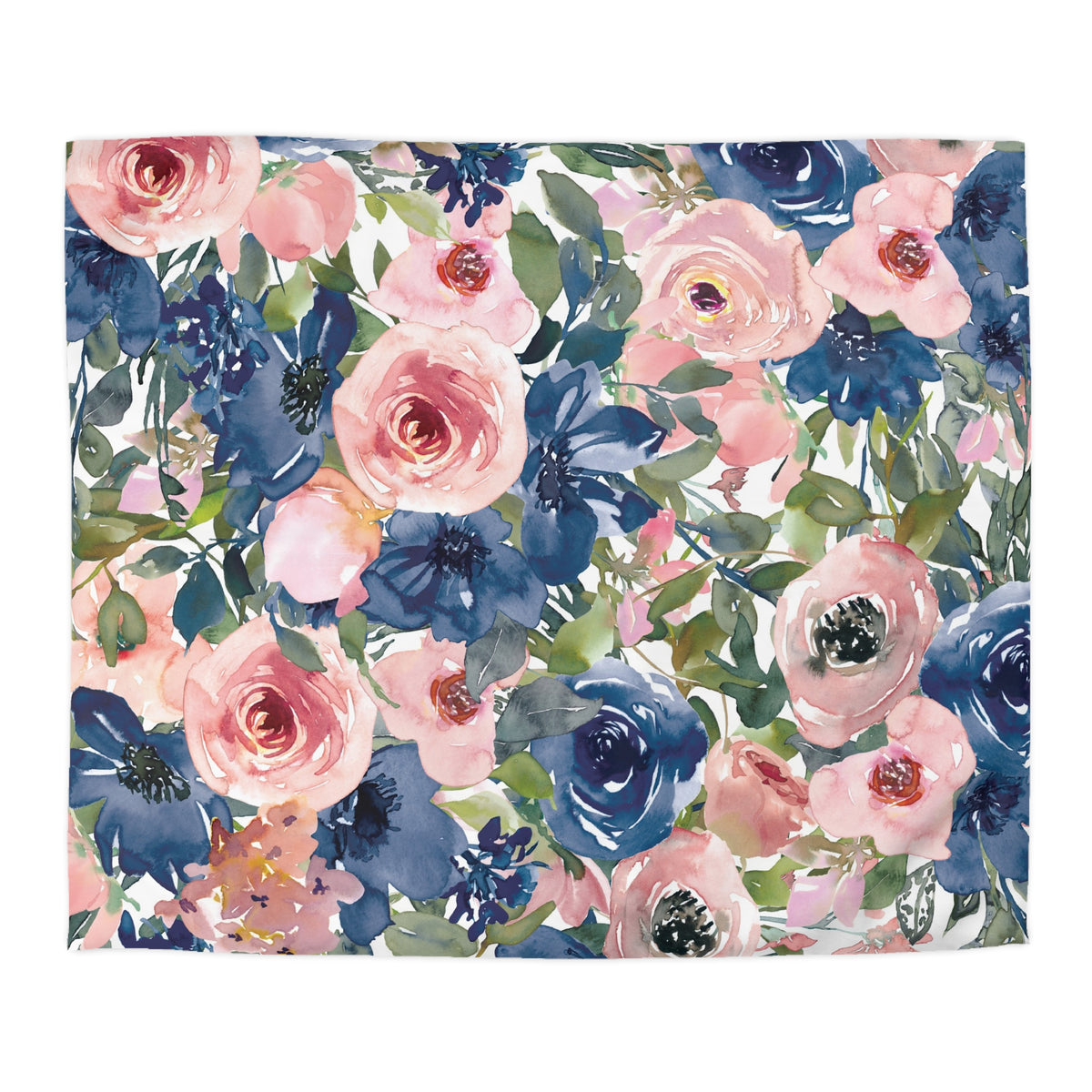 The image is a vibrant and colorful floral pattern featuring a variety of pink, blue, and green flowers and leaves.