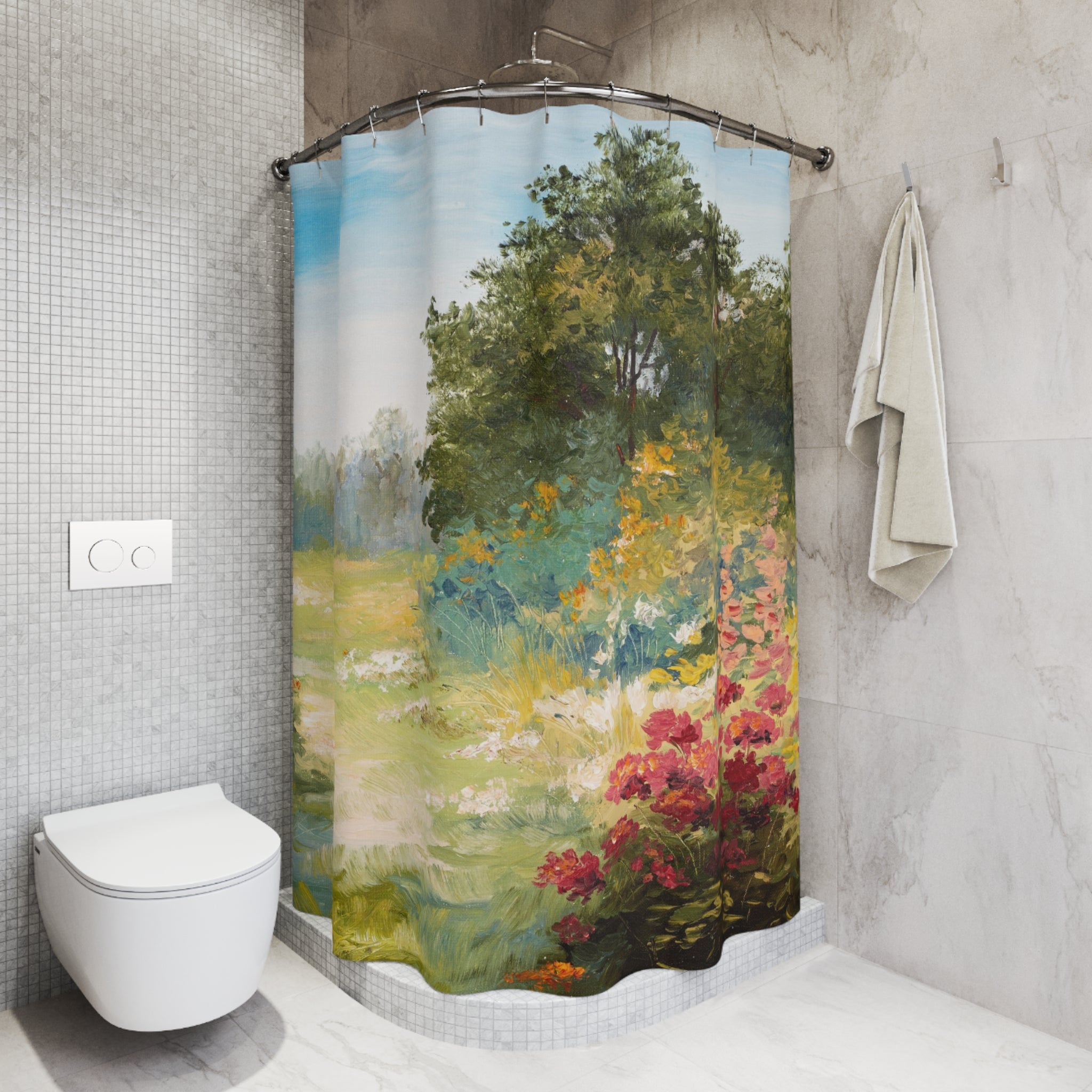 a bathroom with a shower curtain that depicts a lush garden scene, including trees, flowers, and grass.
