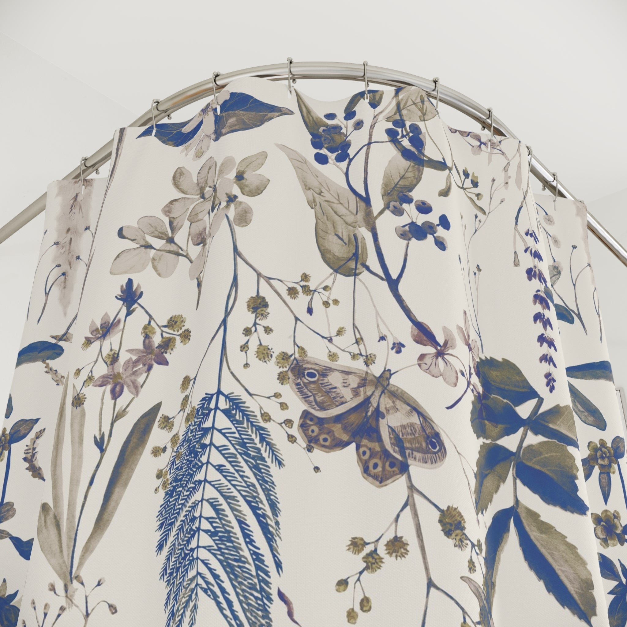 Vintage Blue and Purple Floral Shower Curtain with Butterflies