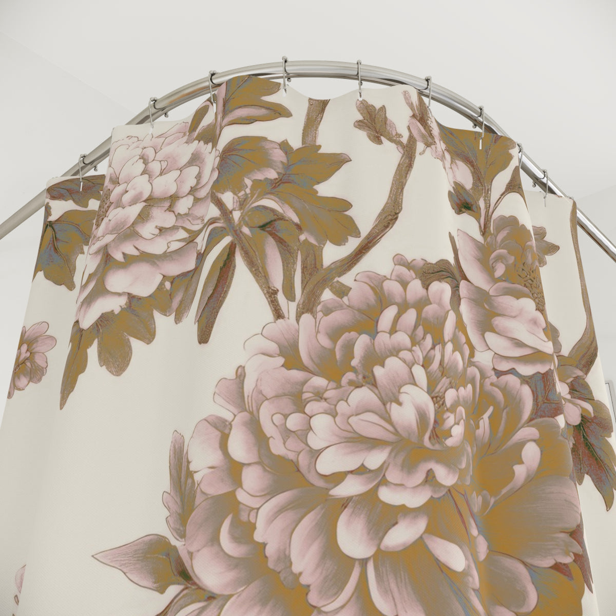 a shower curtain with a large, detailed floral pattern in shades of pink and gold.