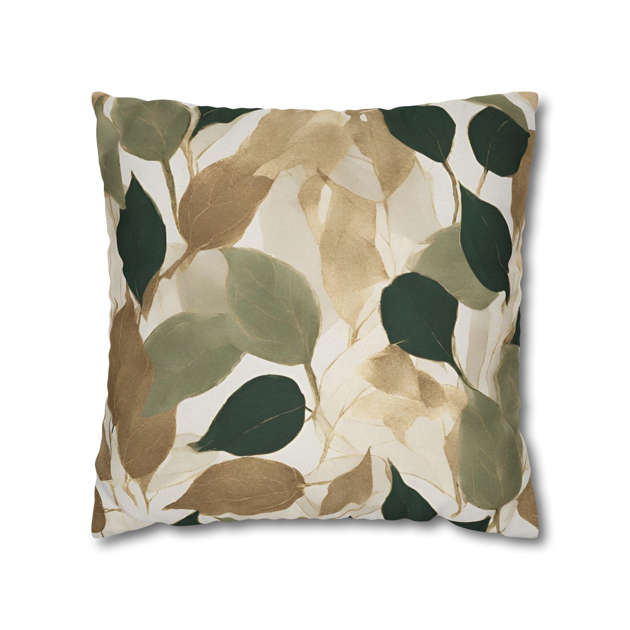 a square throw pillow with a repeating pattern of green and brown leaves against a white background.