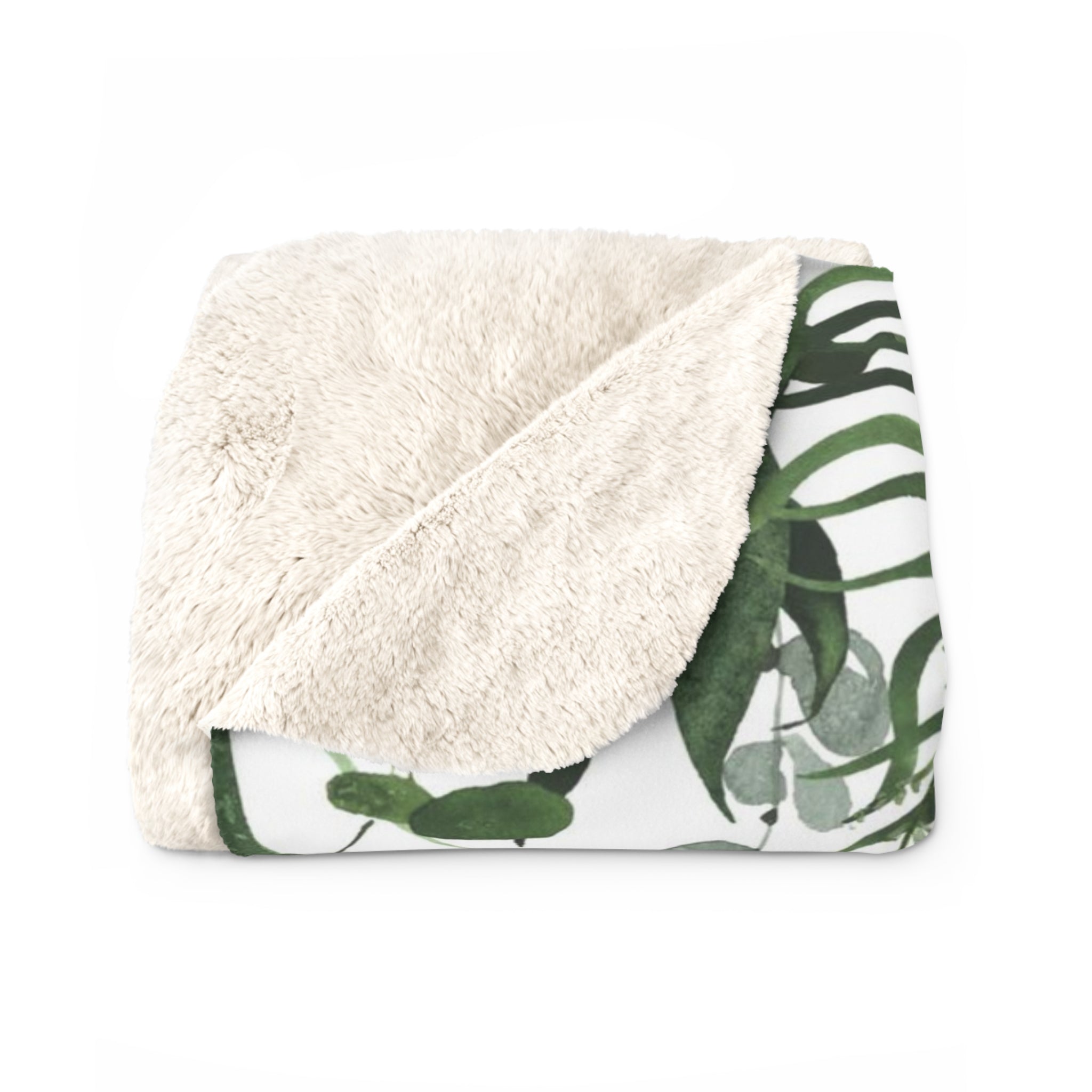 Floral Boho Comfy Blanket | White Green Monstera Leaves