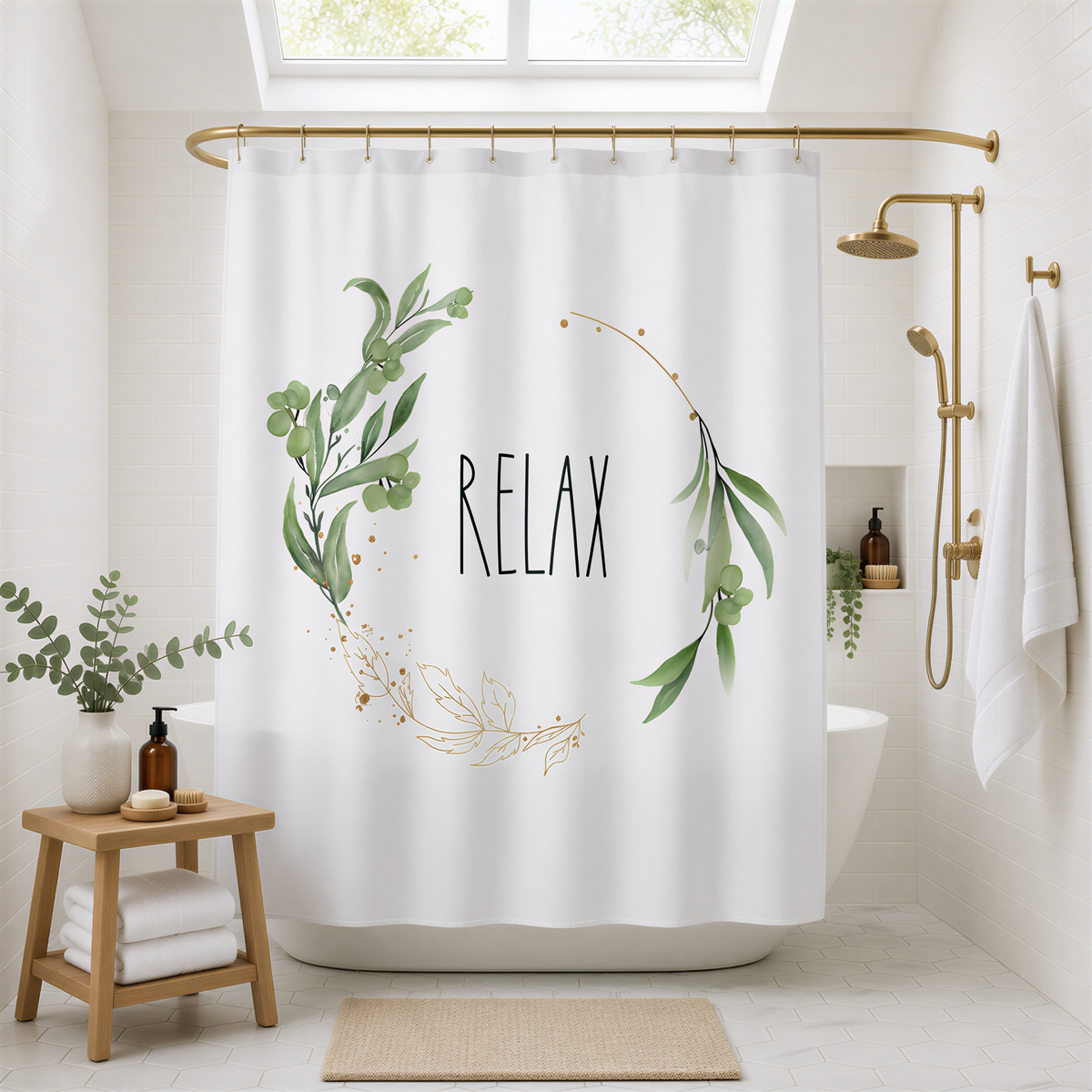 A bathroom with a shower curtain featuring a wreath design and the word "RELAX" written on it. The bathroom also includes a wooden stool, a potted plant, and other decorative elements.
