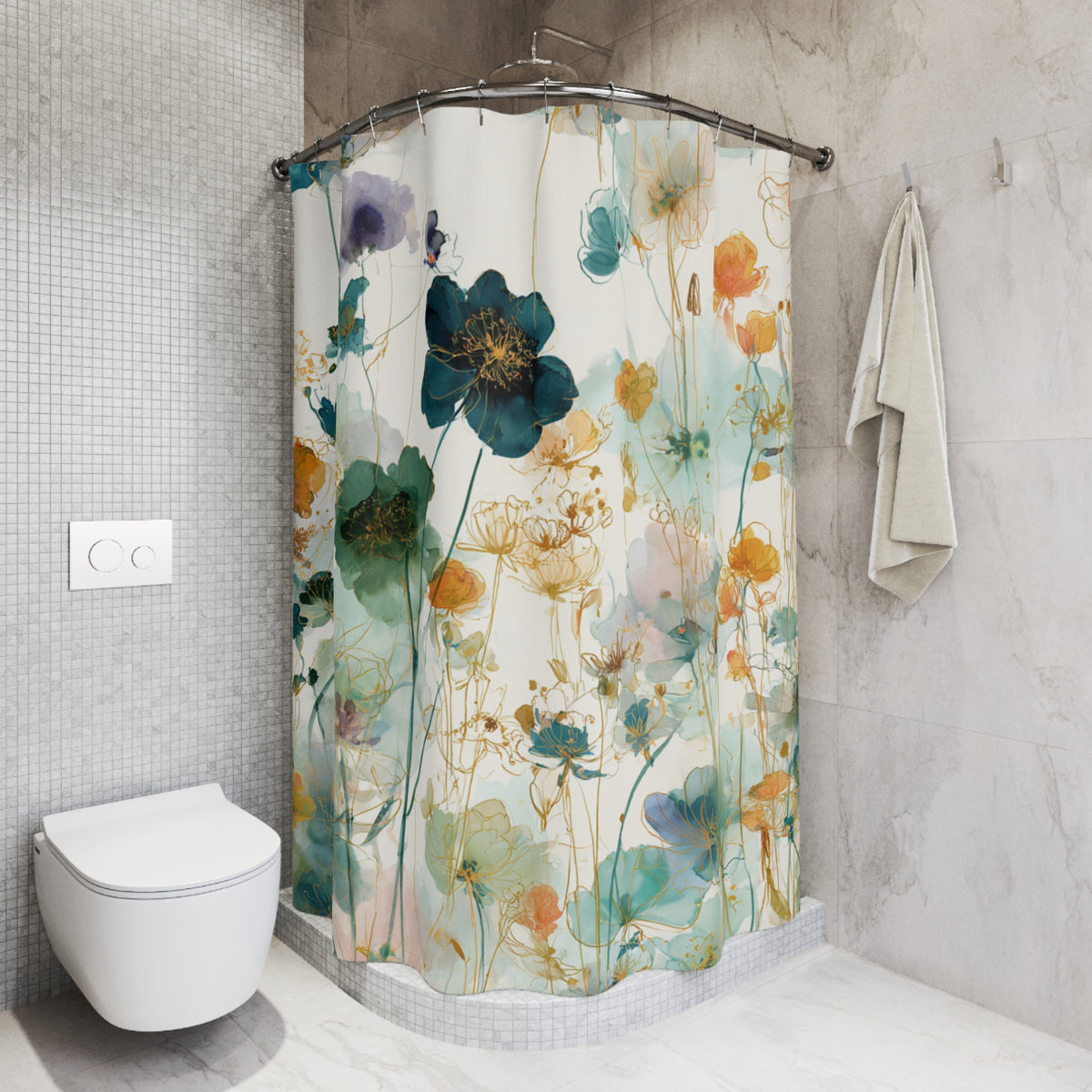 a bathroom with a shower curtain adorned with a floral pattern in shades of green, blue, and orange. The shower curtain is hanging on a rod next to a towel rack. The bathroom has a white toilet and a white tiled wall, creating a clean and modern aesthetic.