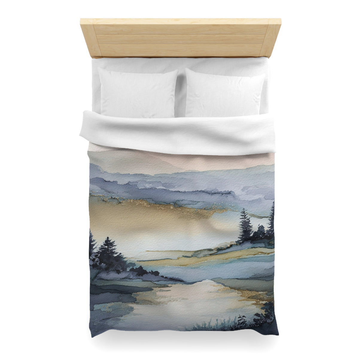 a serene landscape with a river, trees, and mountains in the background.
