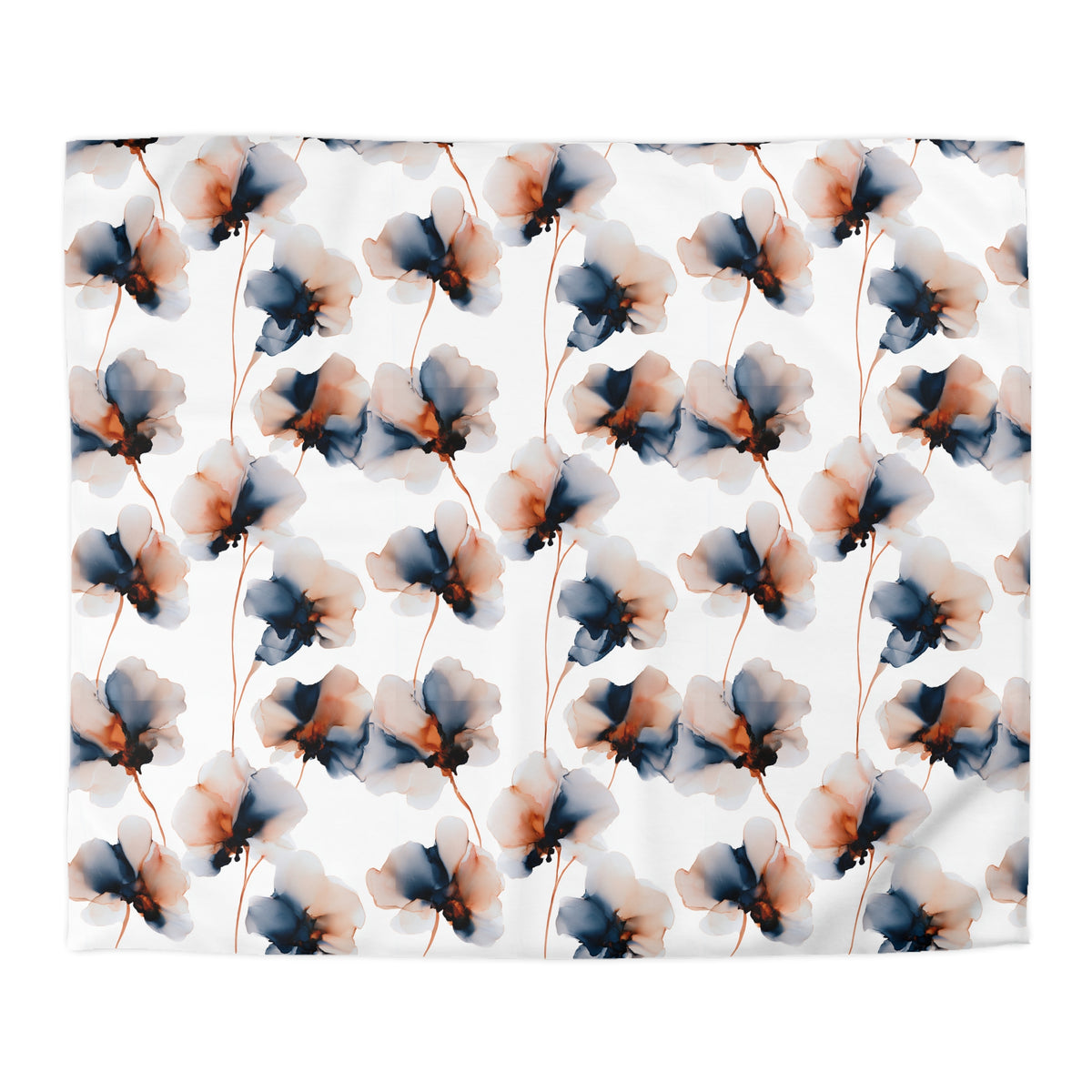 a repeating pattern of blue and orange flowers on a white background.