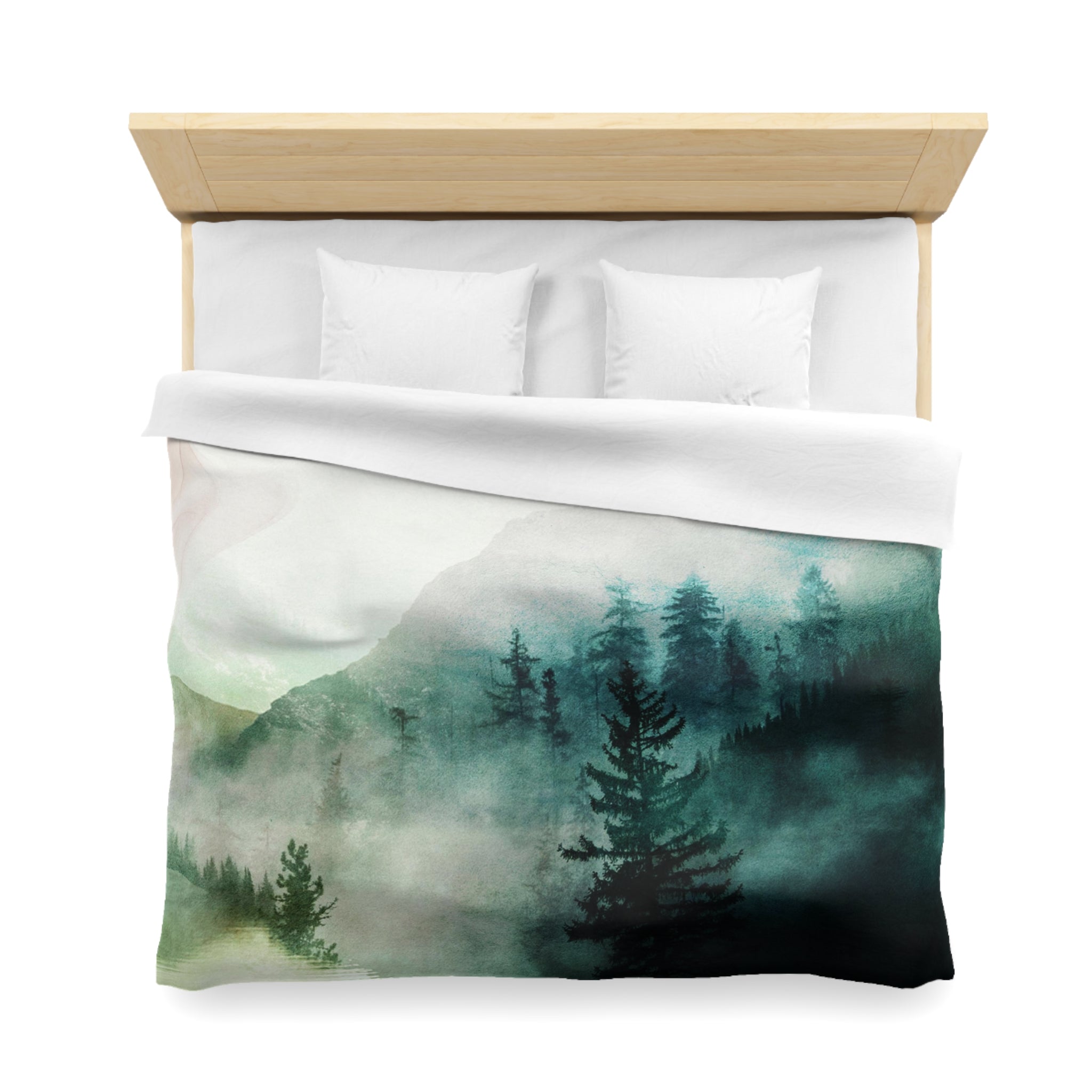 Boho Landscape Duvet Cover | Teal Sage Green Pine Trees