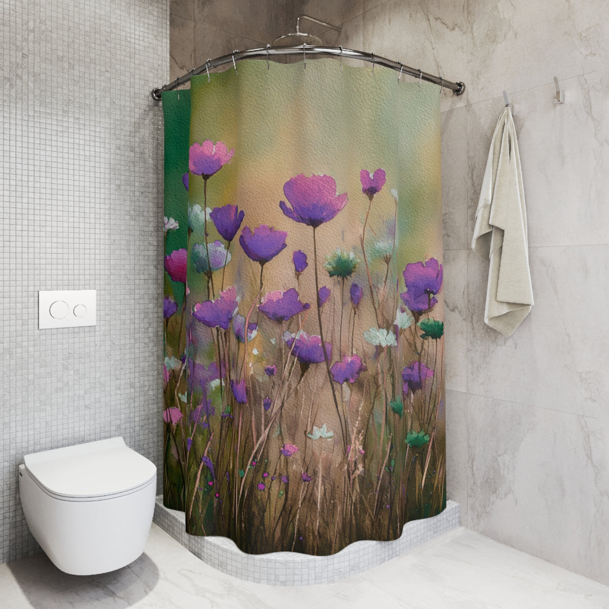 a bathroom with a shower curtain that has a floral design, including purple and green flowers. The shower curtain is hanging in a corner of the bathroom, and there is a towel rack next to it. The bathroom appears to be well-maintained and clean.