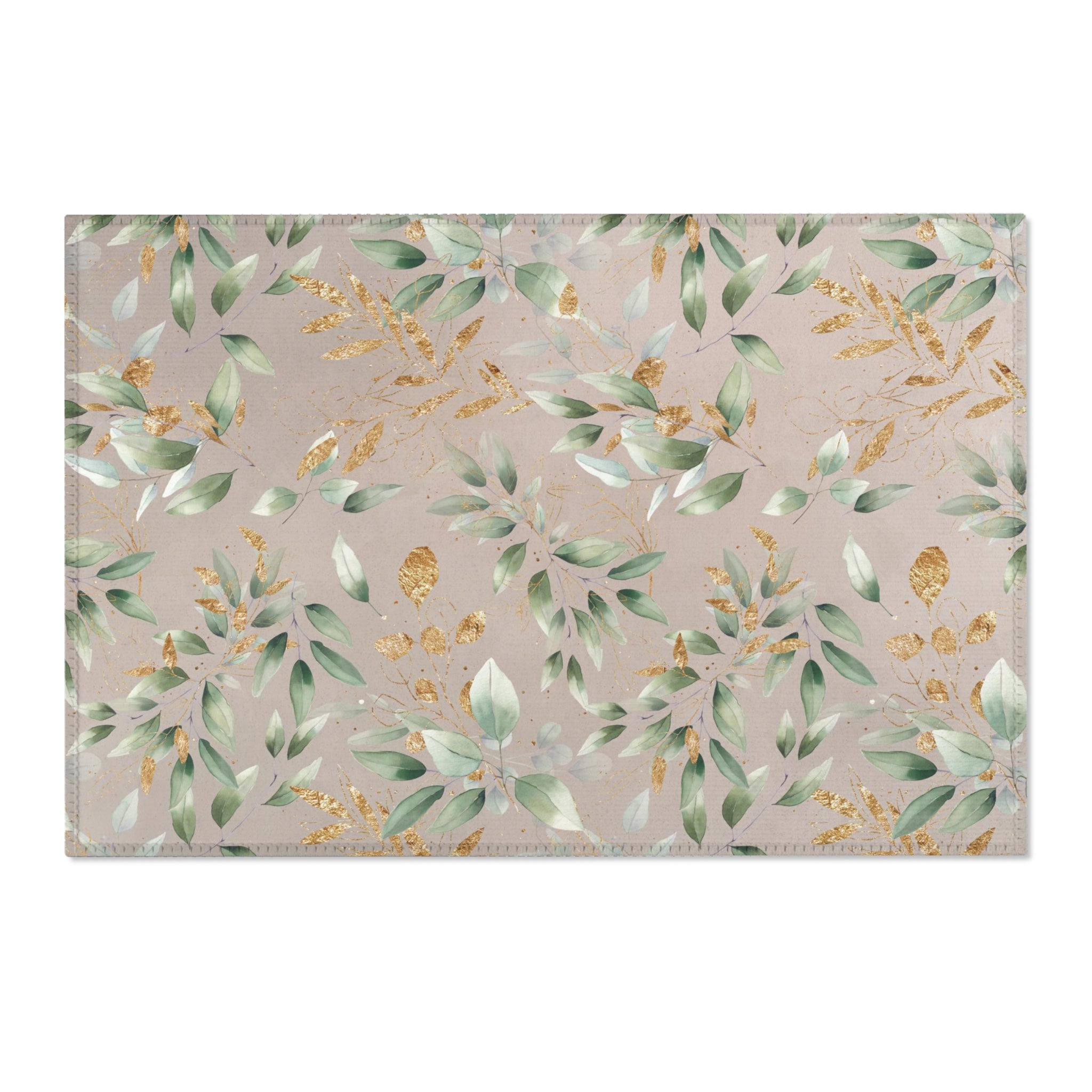 Floral Area Rug | Beige Sage Green Leaves, Gold Watercolor