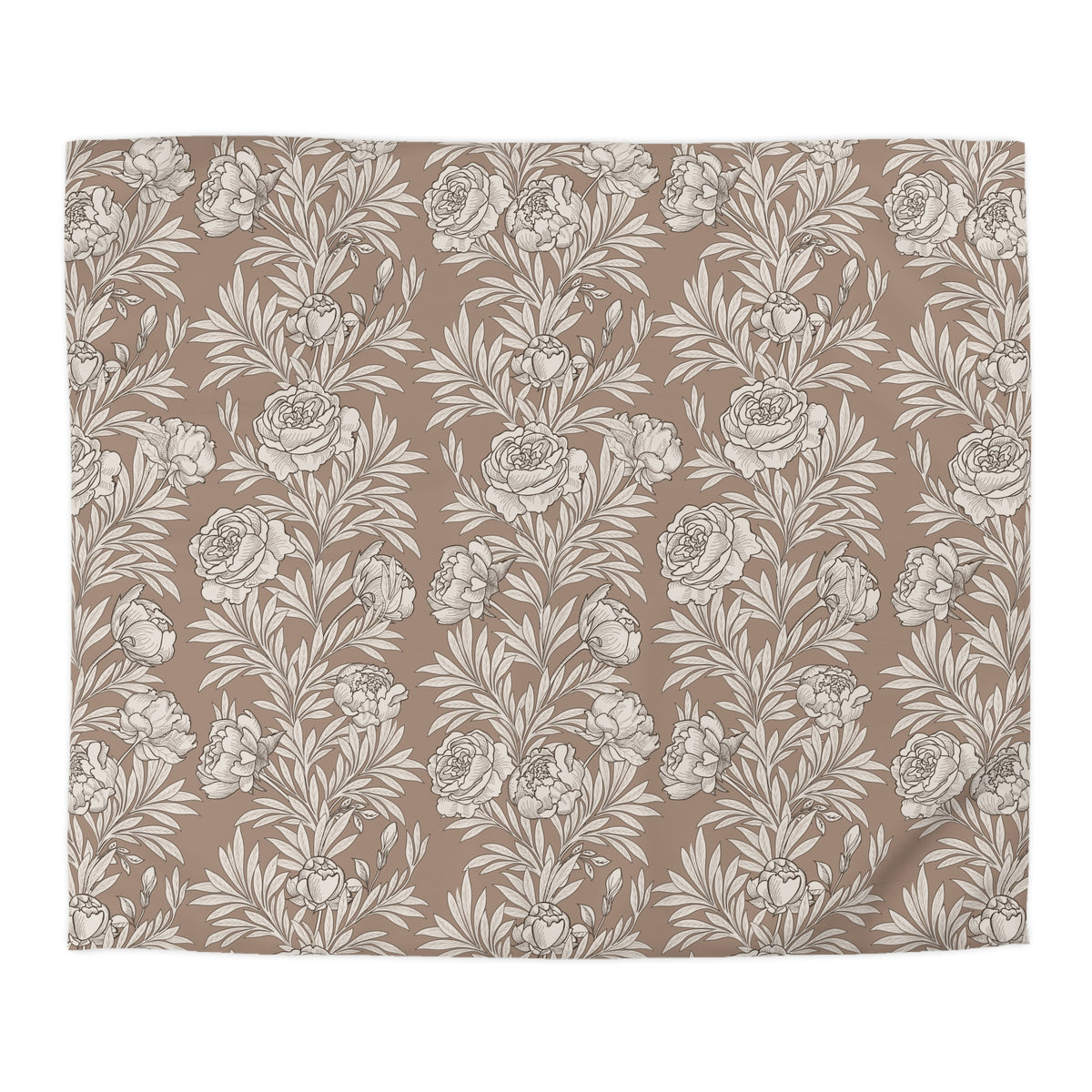 a repeating pattern of white flowers on brown leaves, creating a visually appealing and harmonious design.