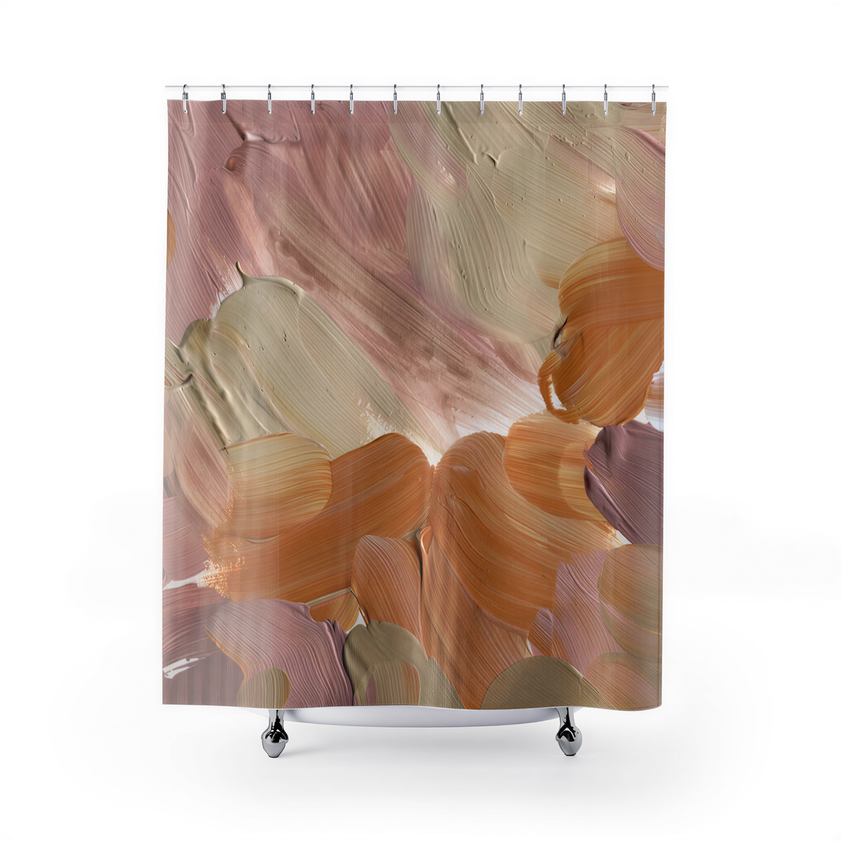 Abstract Shower Curtain Beige Rose Pink hanging in a bathroom