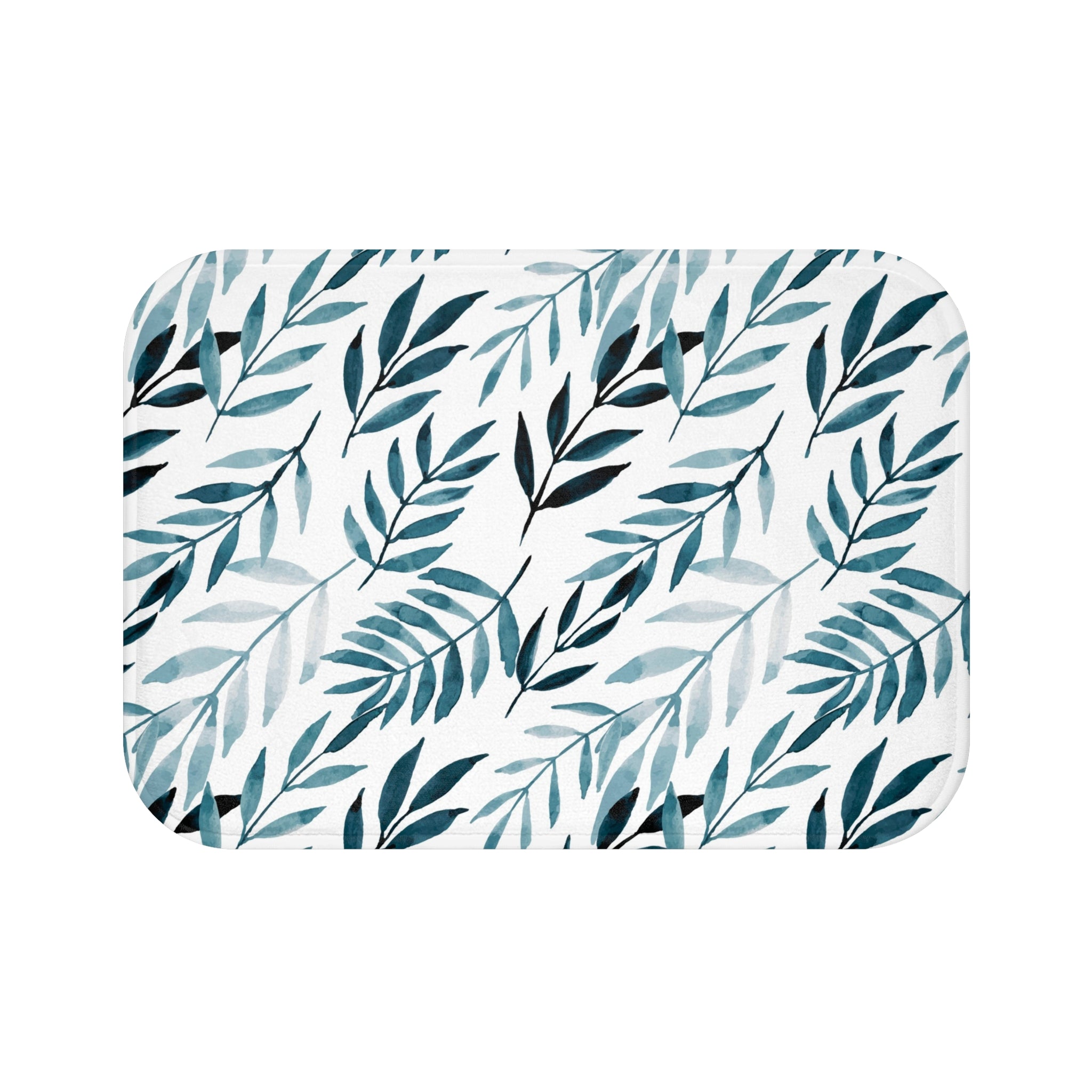 Boho Kitchen, Bath Mat | Floral White, Navy Leaves