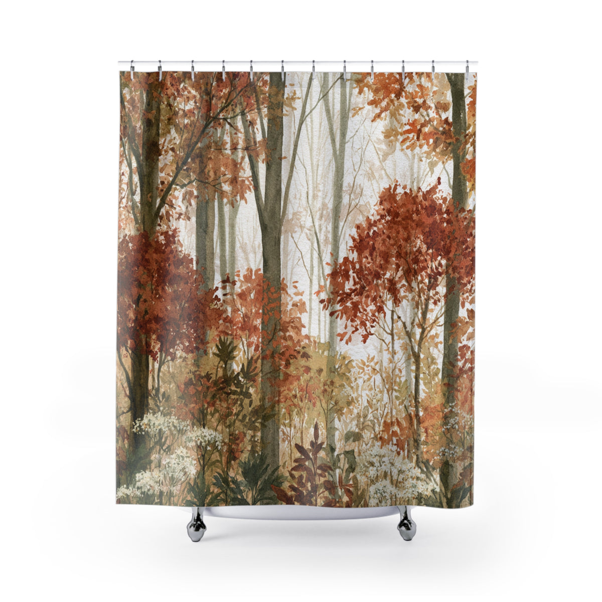 a forest scene with trees and foliage in shades of brown and orange, creating a warm and autumnal atmosphere.