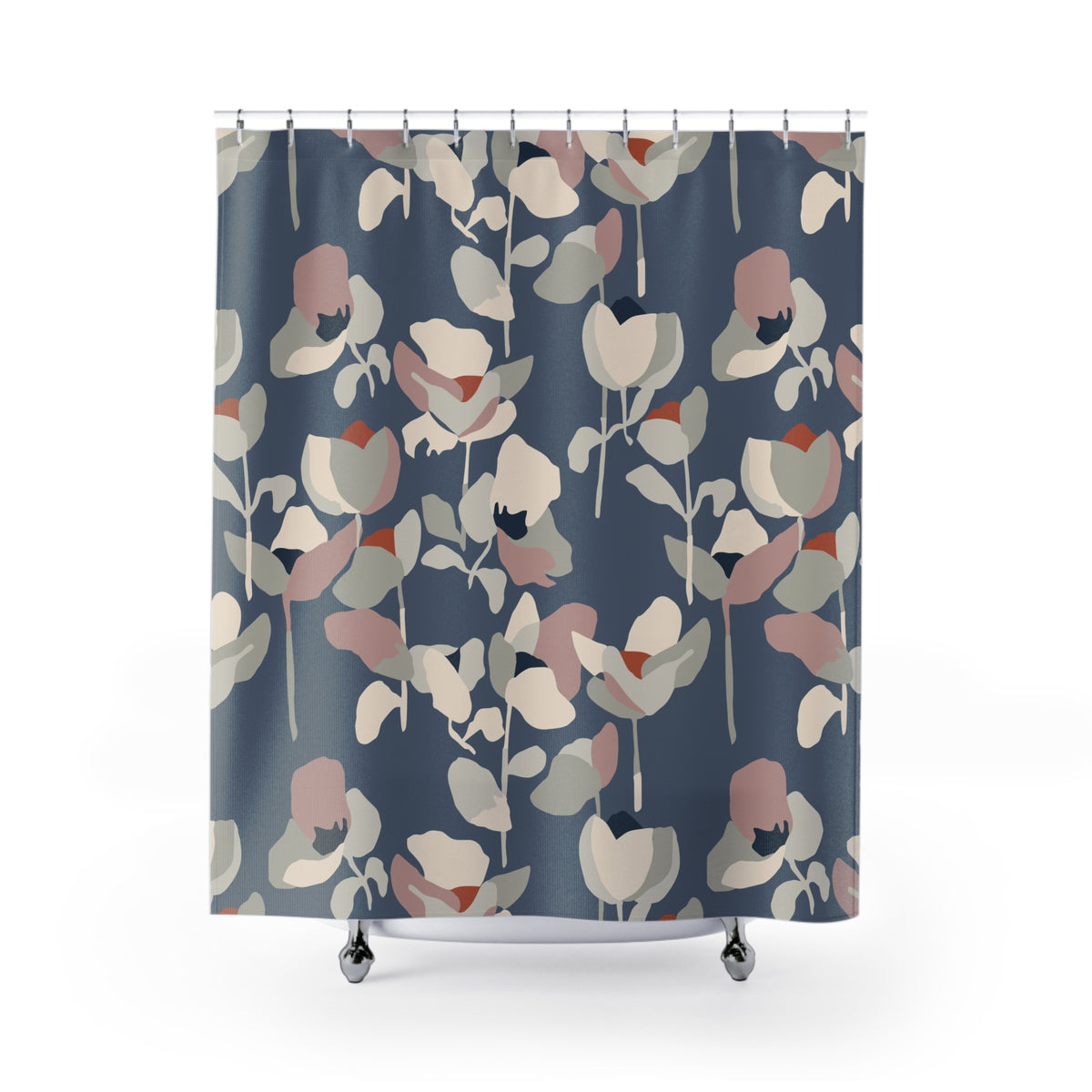 a shower curtain with a floral pattern in shades of blue, pink, and white.