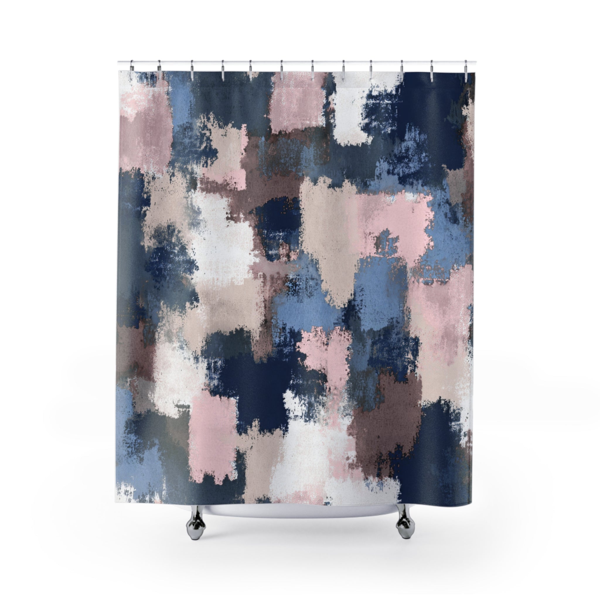 a shower curtain with a vibrant abstract pattern in shades of blue, pink, and white.
