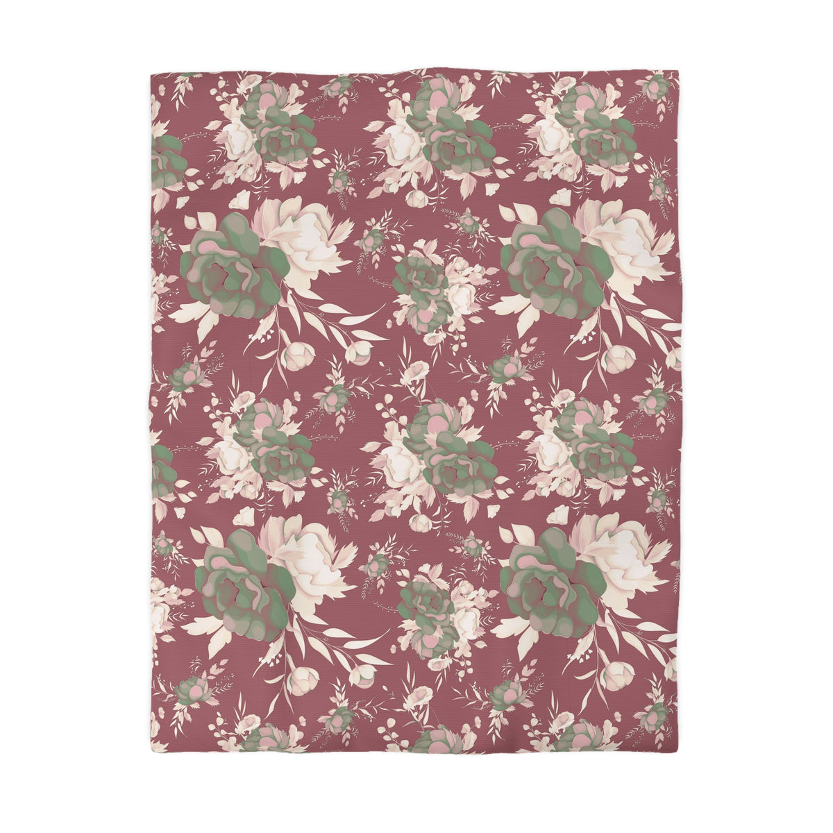 a repeating floral pattern in shades of red and white, with green leaves and flowers interspersed throughout.