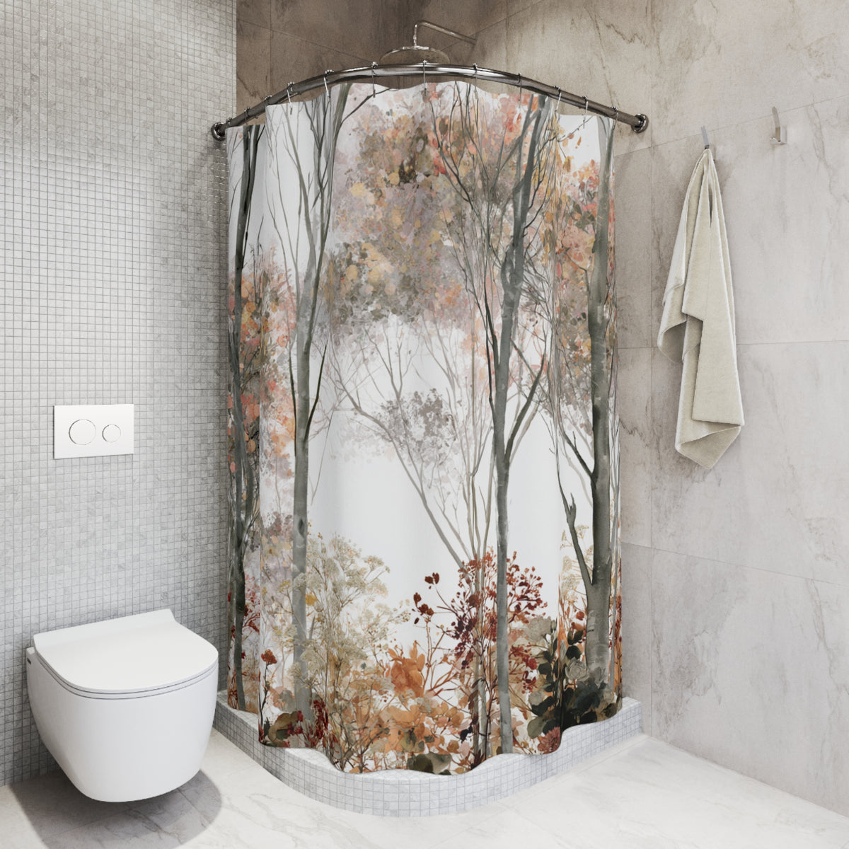 Rust Autumn Birch Forest Shower Curtain, Bath Curtain 71x74