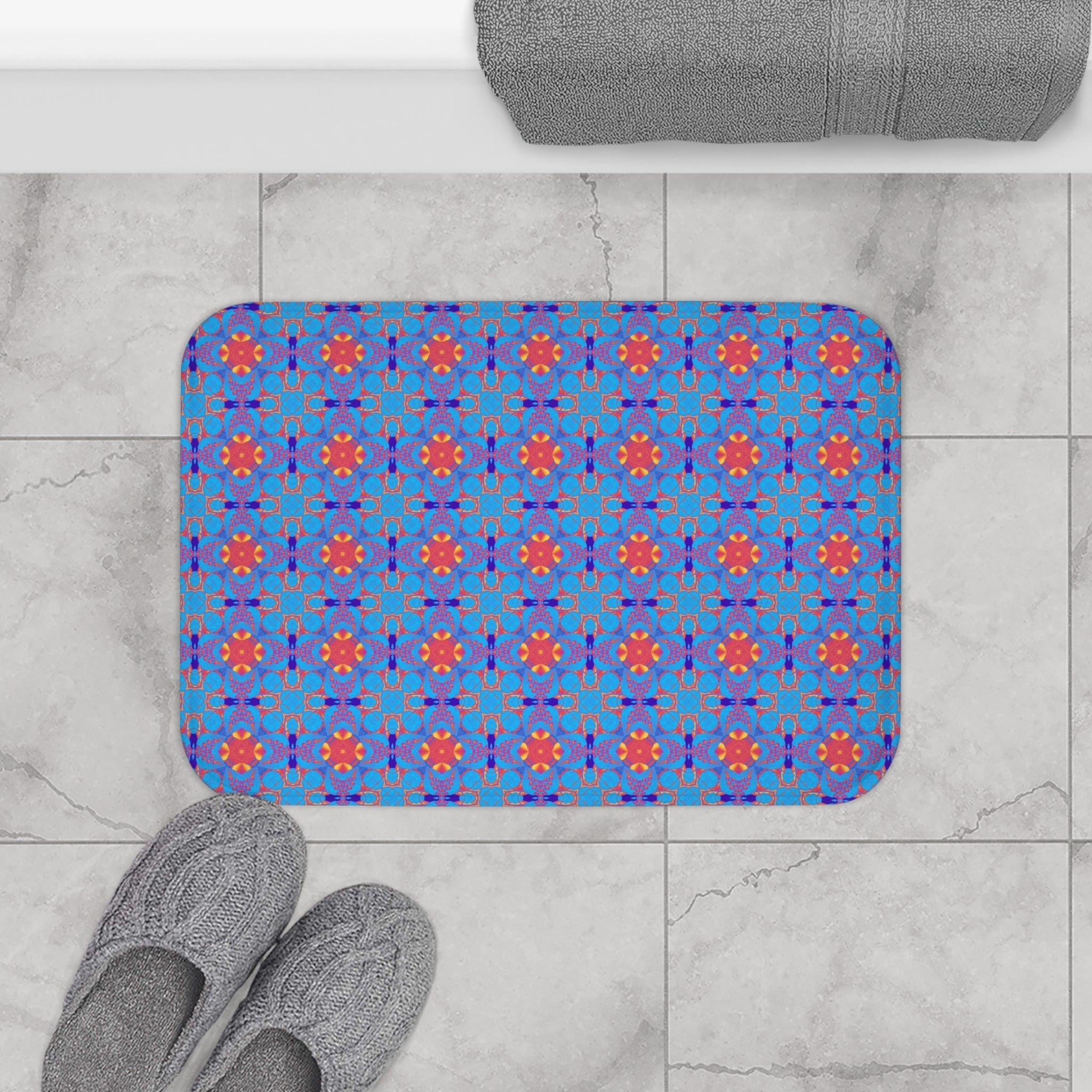 Boho Bath Mat | Blue Art Deco, Colorful Blue Red Kitchen Mat