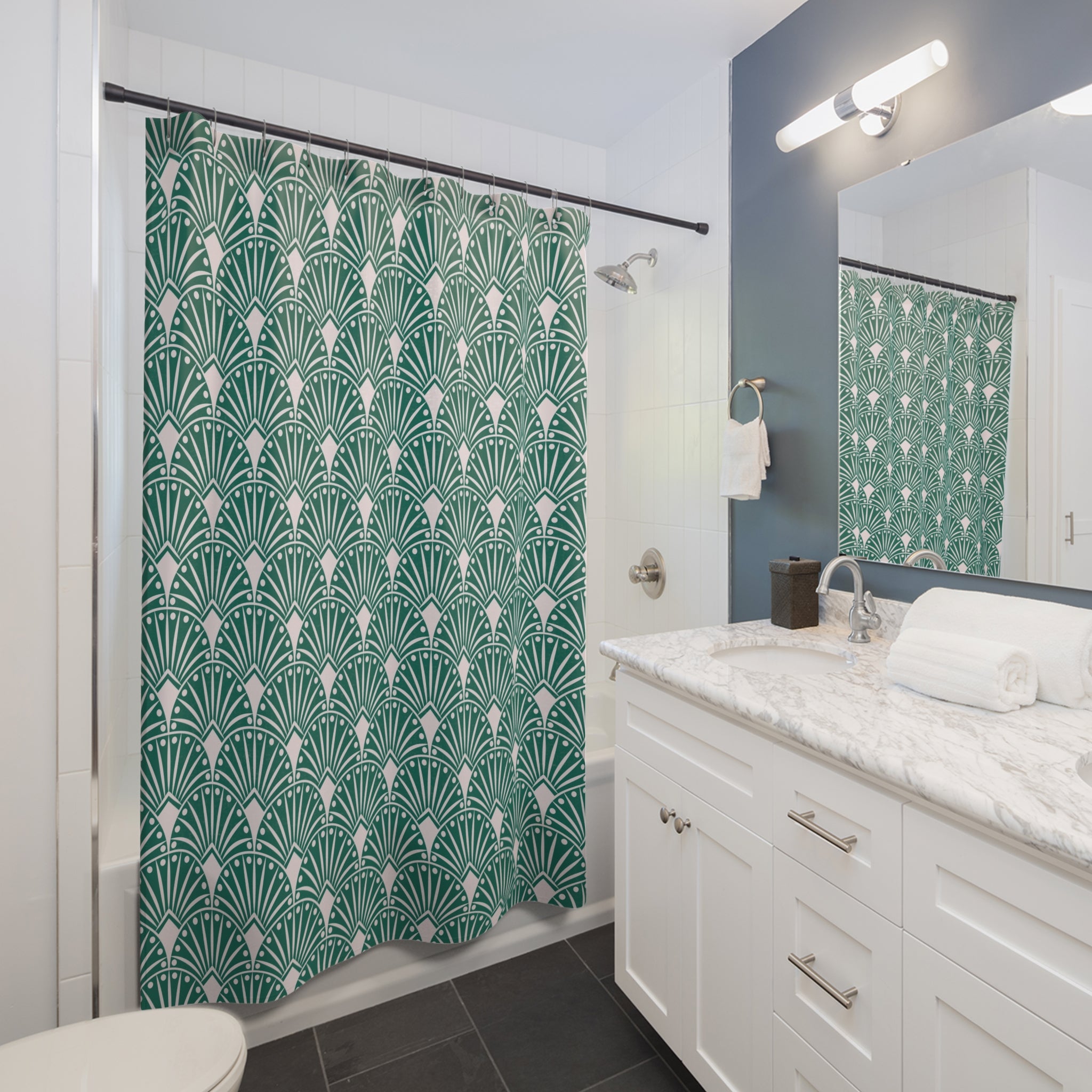 Art Deco Shower Curtain | Teal Green, White, Art Nouveau