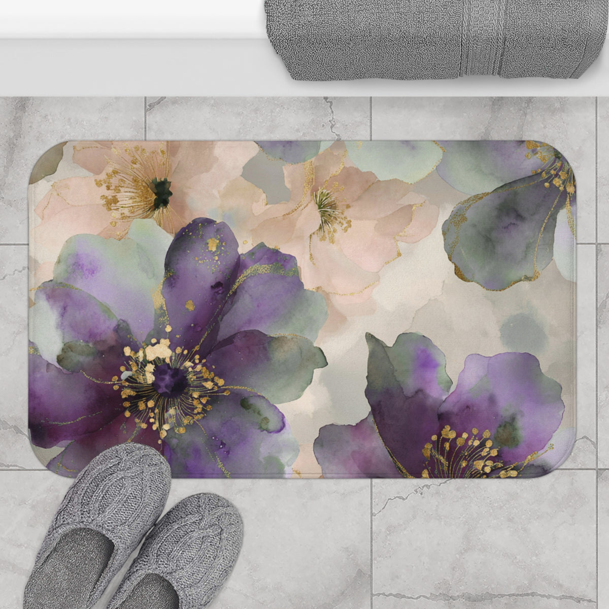 Plum Blush Watercolor Floral Bath Mat, Romantic Bathroom Rug