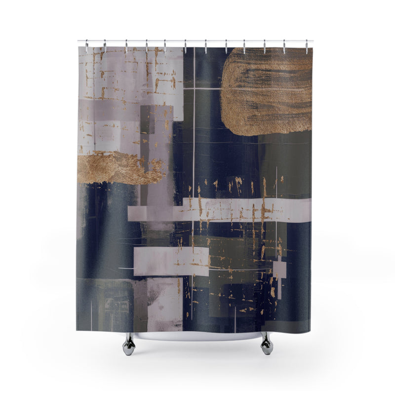 Boho Abstract Shower Curtain | Modern Navy Grey, Muted Gold