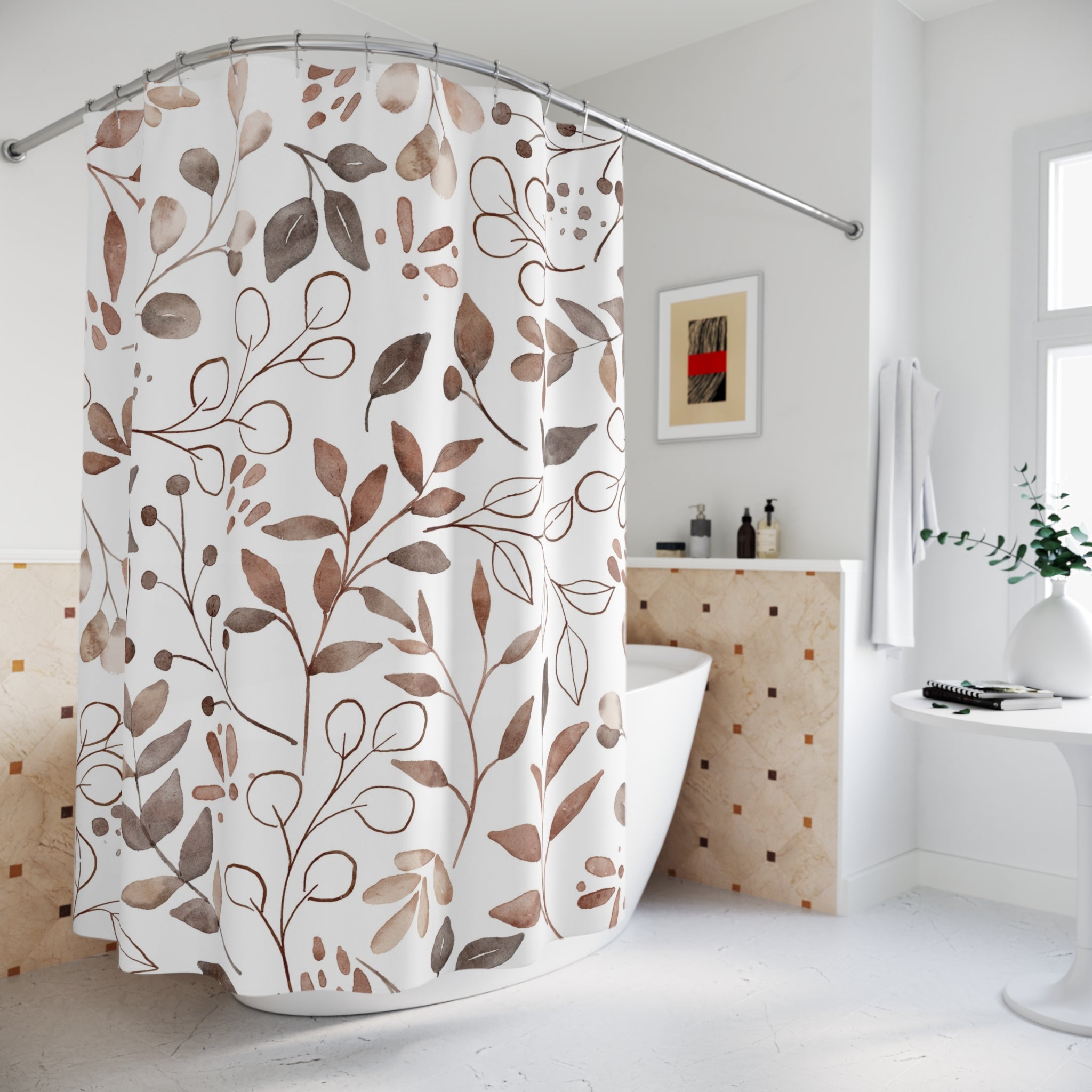 Boho Shower Curtain | Abstract Floral Leaves, Brown White