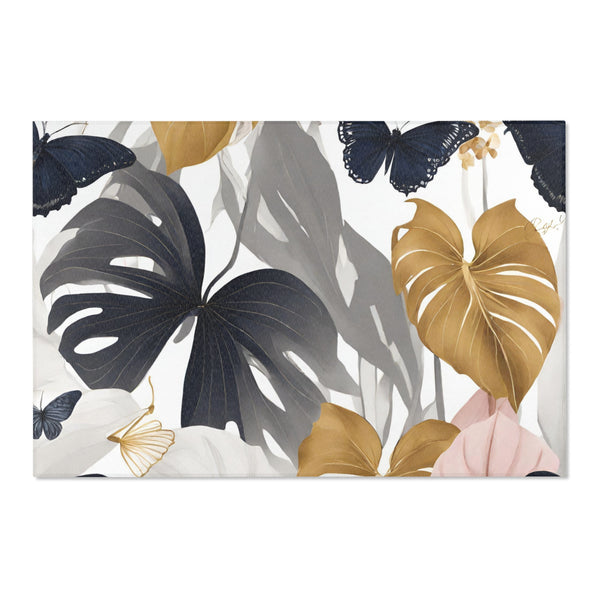 Floral Area Rug | Modern Grey, Navy Muted Gold, Pink Jungle Leaves