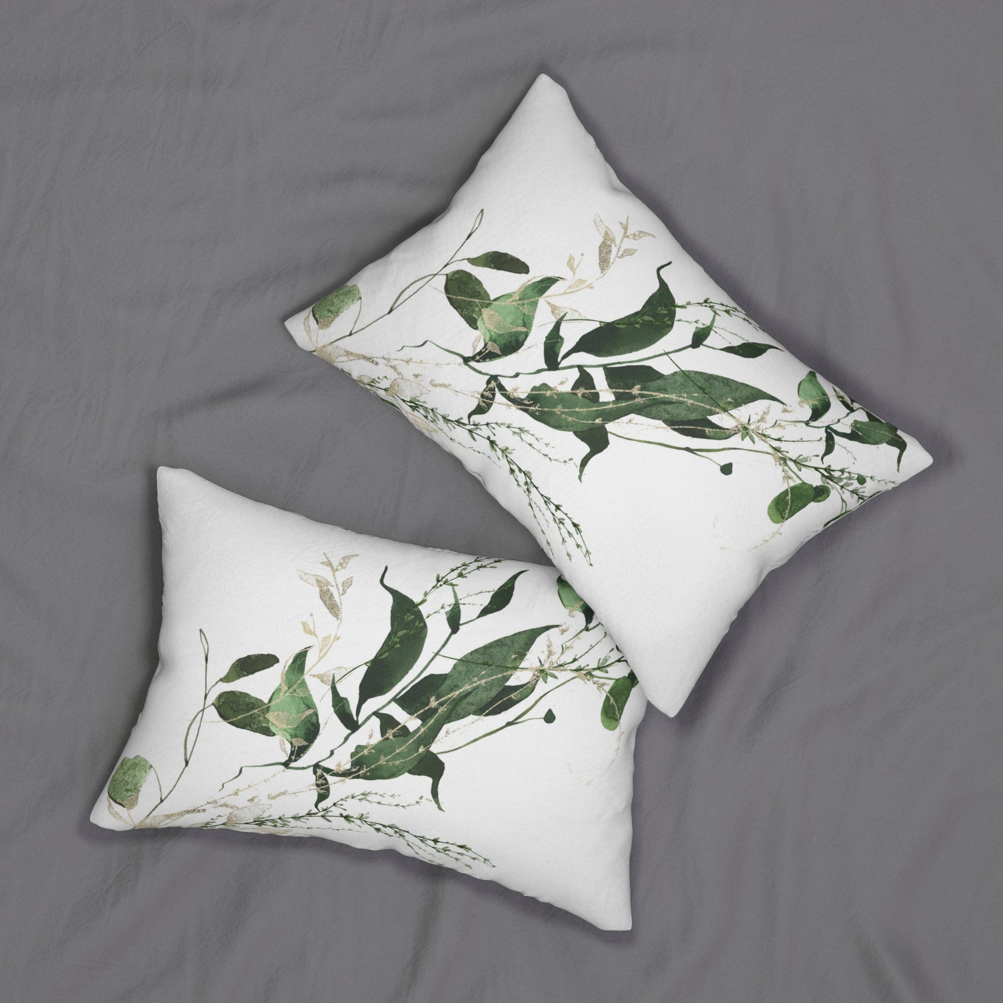 Boho Lumbar Pillow | White Sage Green Leaves Floral