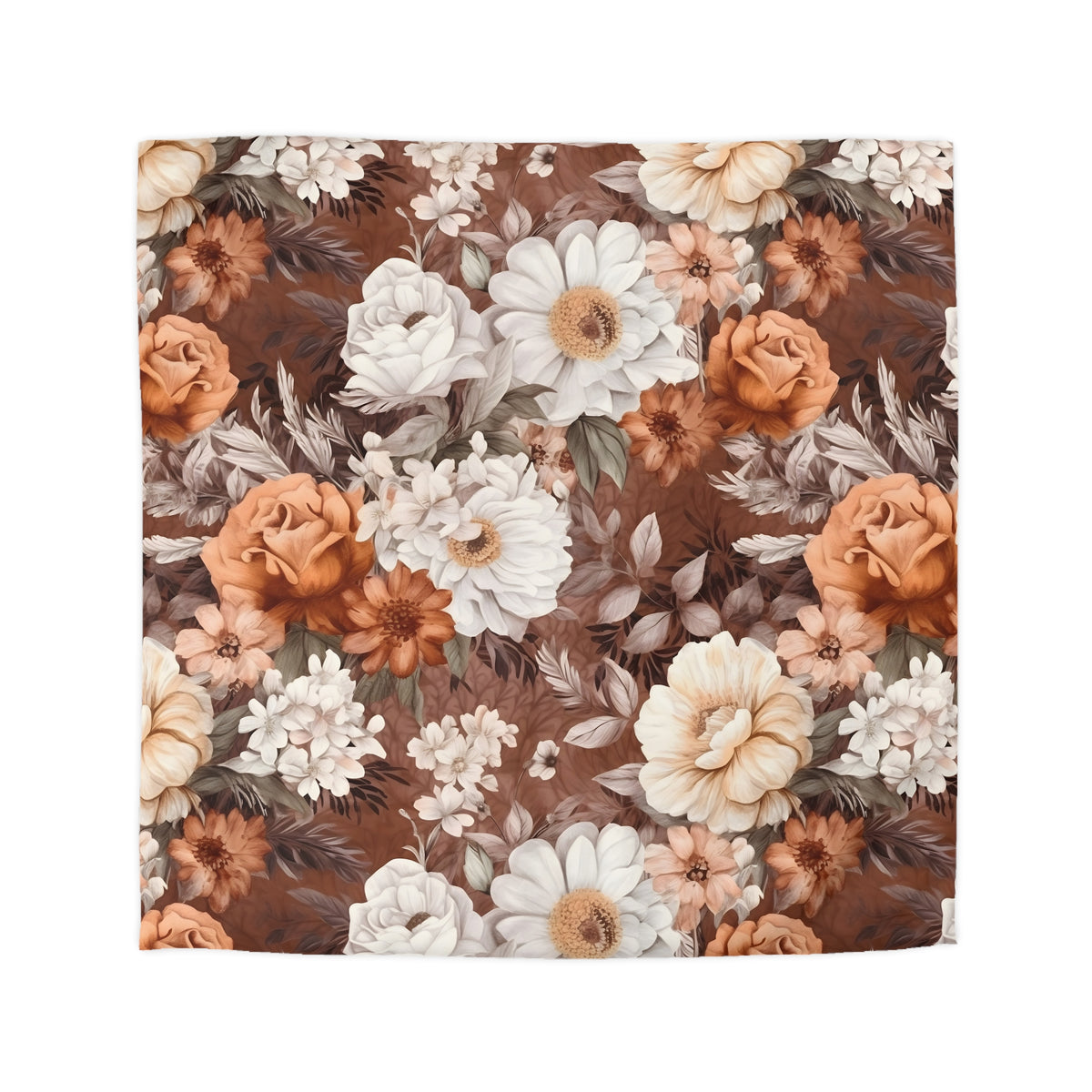 a square pattern with a variety of flowers in shades of brown, white, and orange. The flowers are arranged in a visually appealing manner, creating a sense of depth and texture.