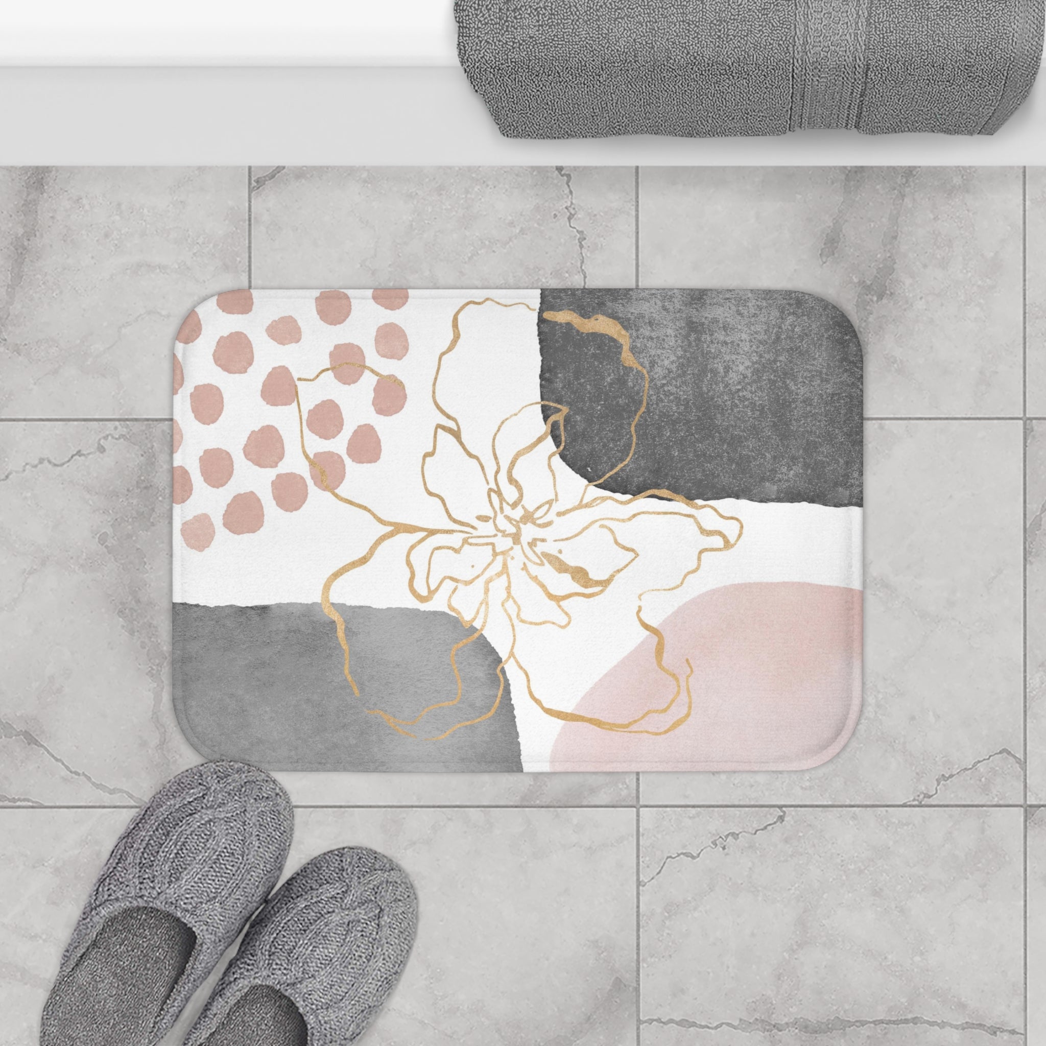 Abstract Bath Mat | White Blush Pink Grey, Gold Floral Kitchen Mat
