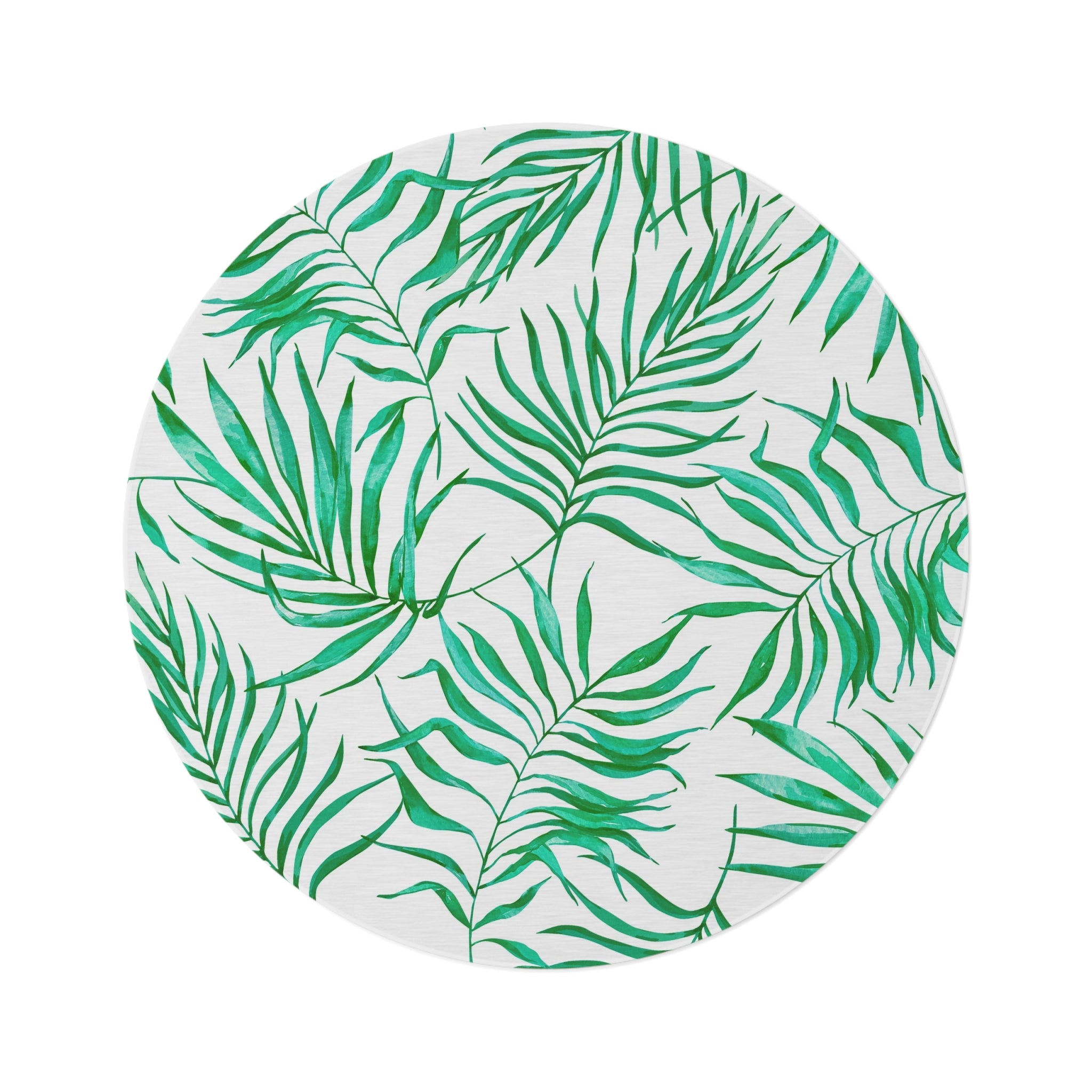 Floral Round Area Rug | Tropical Green Palm Leaves, White