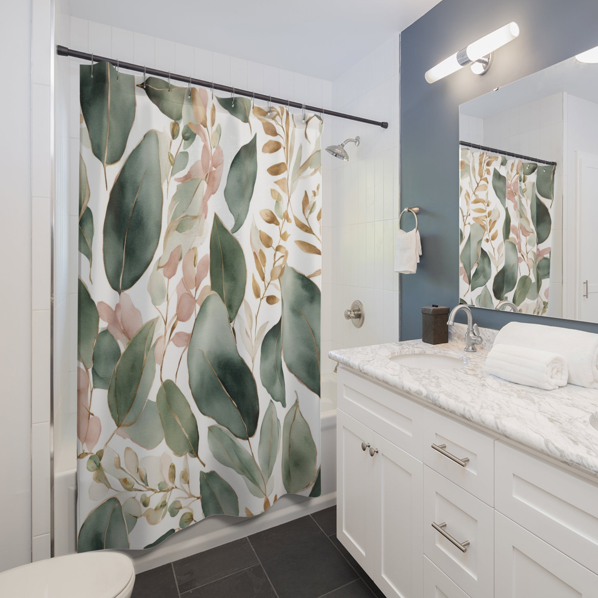 Floral Shower Curtain, Bath Mat | Sage Green, Blush White Watercolor Bathroom Set