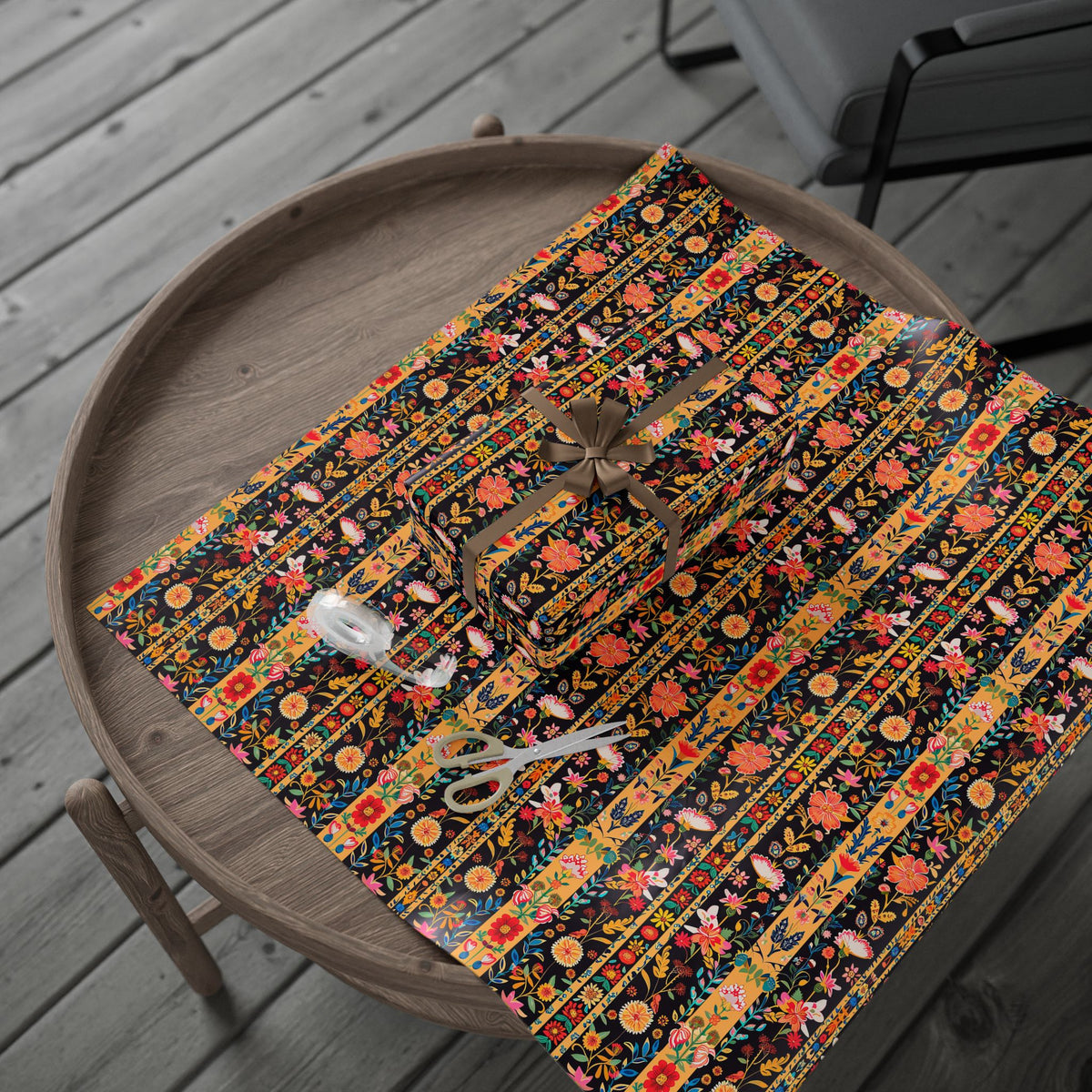 Black Mustard Folk Floral Stripe Wrapping Paper, Gift Wrap