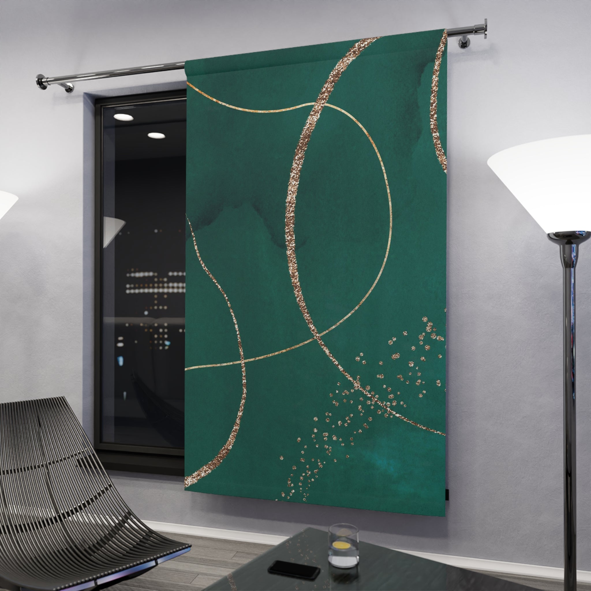 Abstract Window Curtain | Modern Green, Muted Gold Watercolor