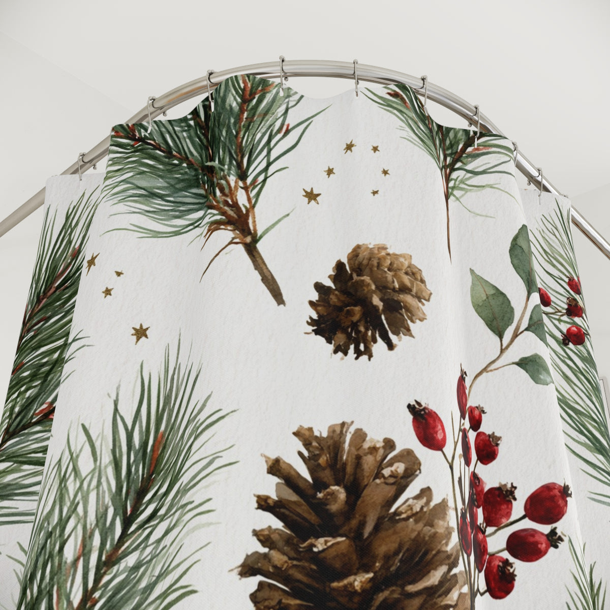 Ivory Pine Cone Botanical Shower Curtain, Bath Curtain 71x74