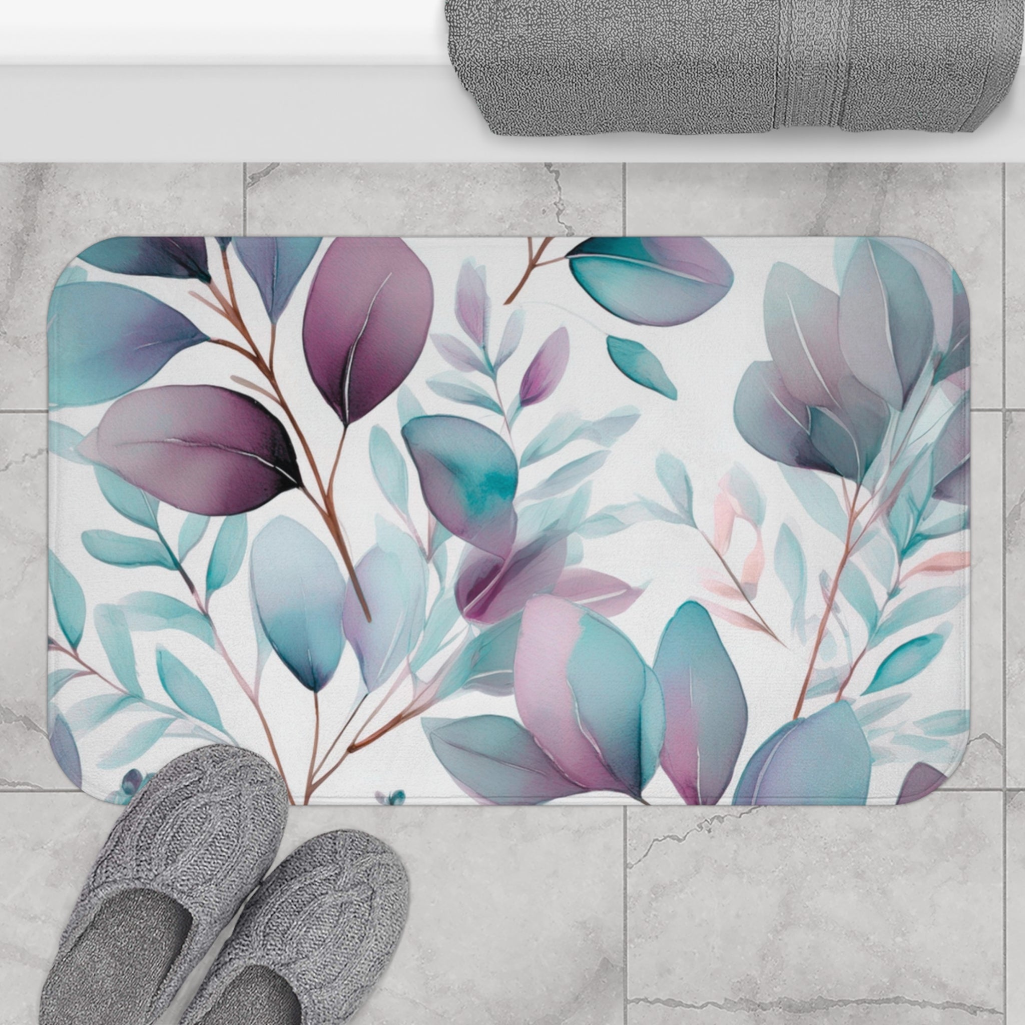Floral Bath Mat | Teal Mauve White Leaves Kitchen Mat