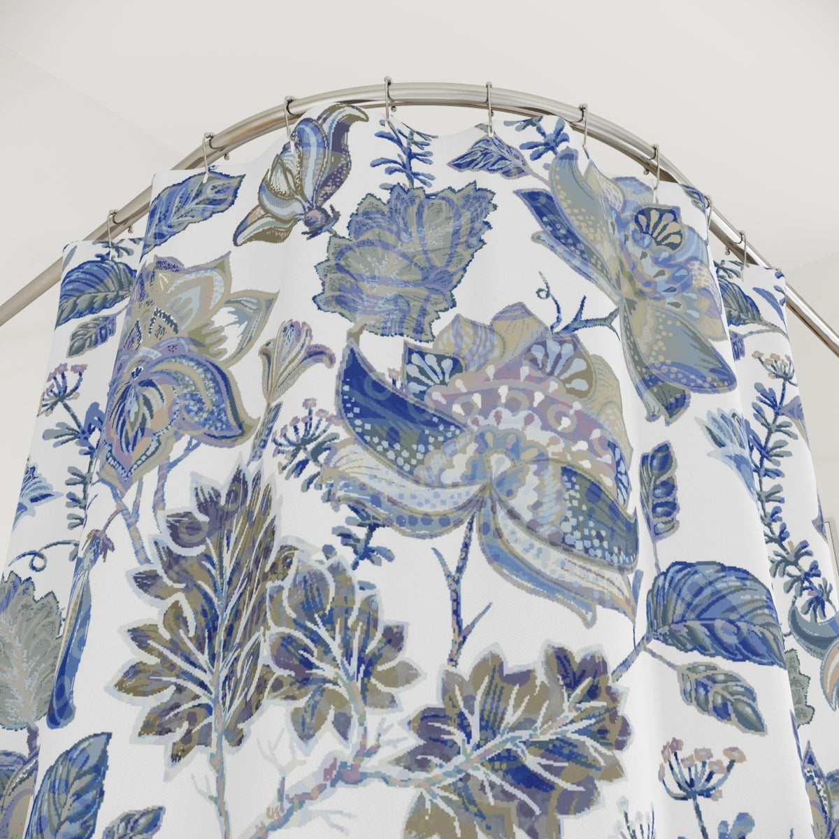 Blue Beige Jacobean Floral Shower Curtain, Bath Curtain 71x74