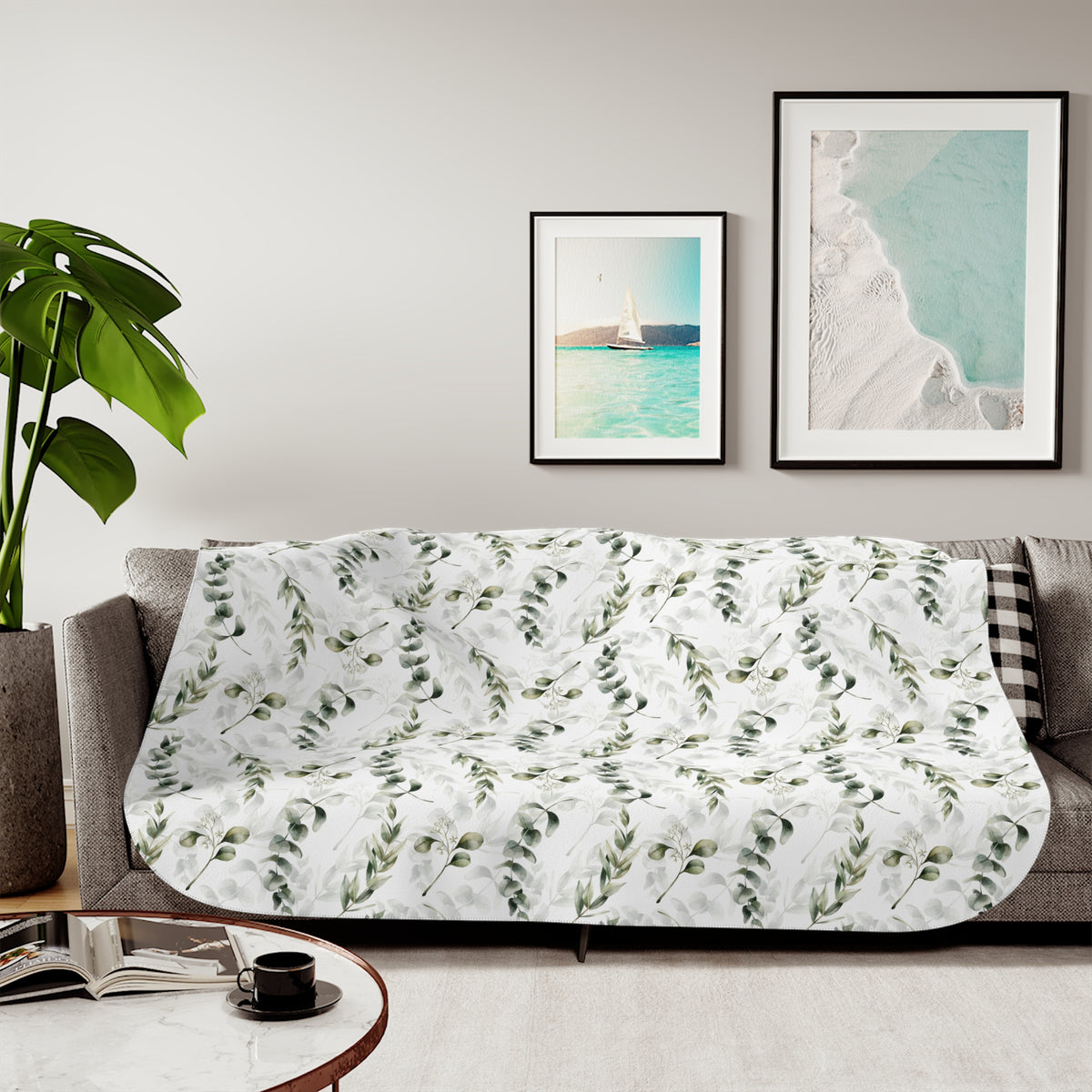 Sage Green Eucalyptus Branch Sherpa Blanket | Botanical Greenery Throw