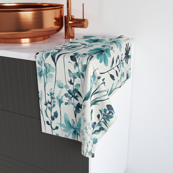 Floral Kitchen, Bath Hand Towel | Teal Green, Blue Wildflowers