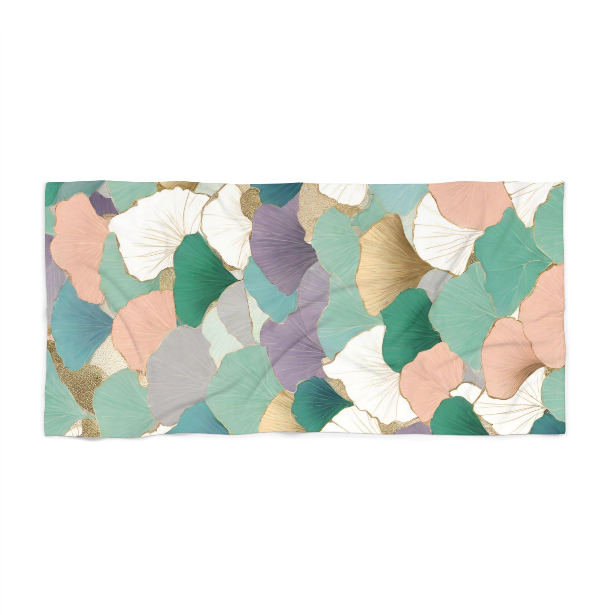 Floral Boho Bath Beach Towel | Teal Green Pink Gingko Leaves