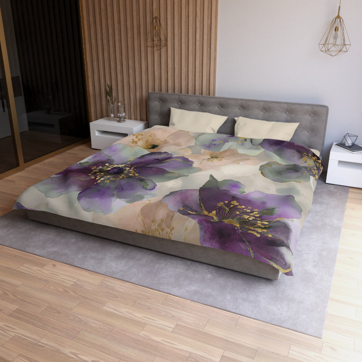 a modern bedroom with a large bed covered in a floral print comforter. The bed is positioned against a wall with a wooden panel. The room also features a nightstand, a rug, and a pendant light fixture.