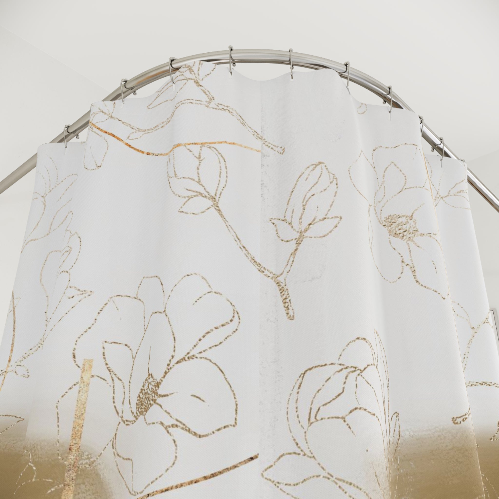 Boho Abstract Shower Curtain | Camel Beige White Floral Line Art