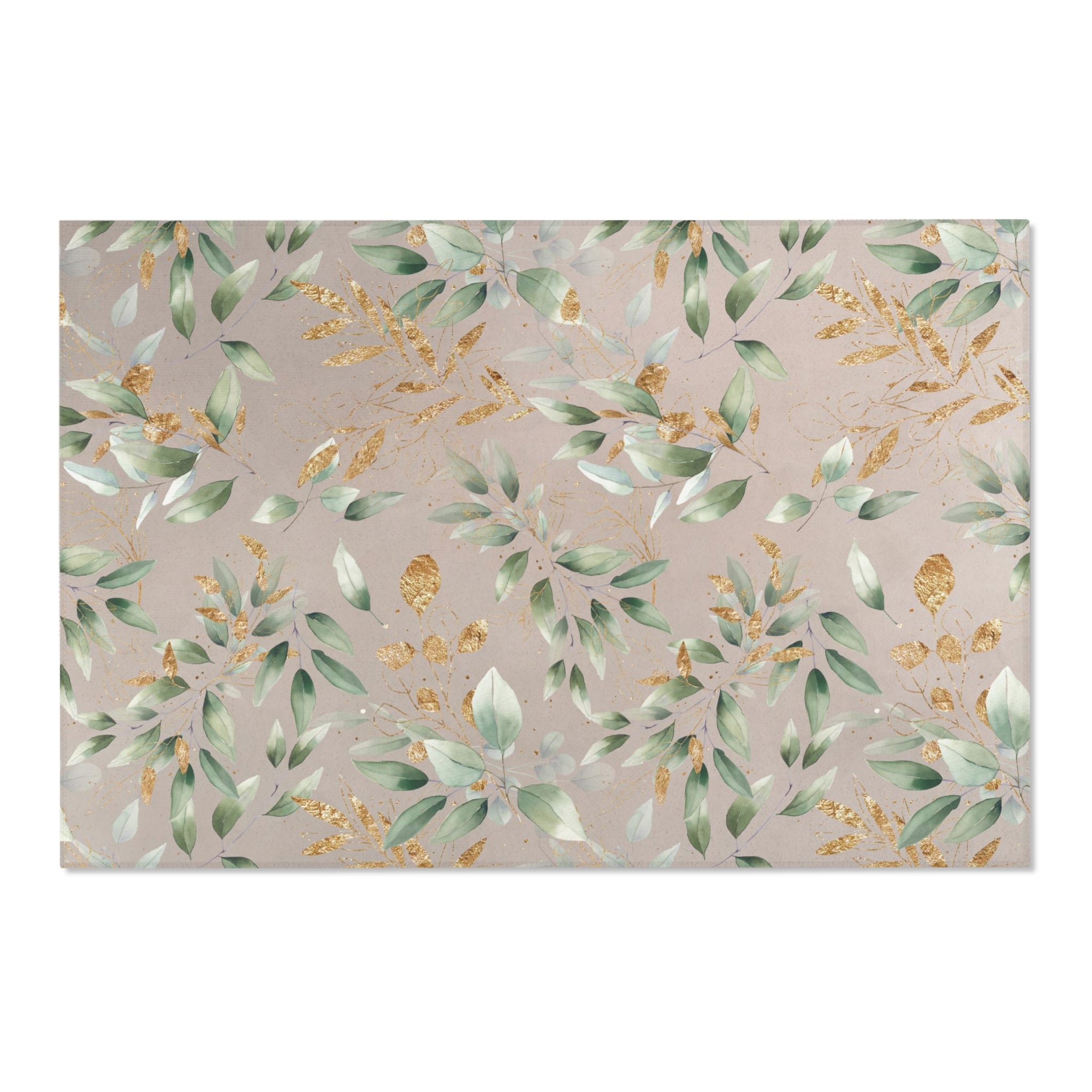 Floral Area Rug | Beige Sage Green Leaves, Gold Watercolor