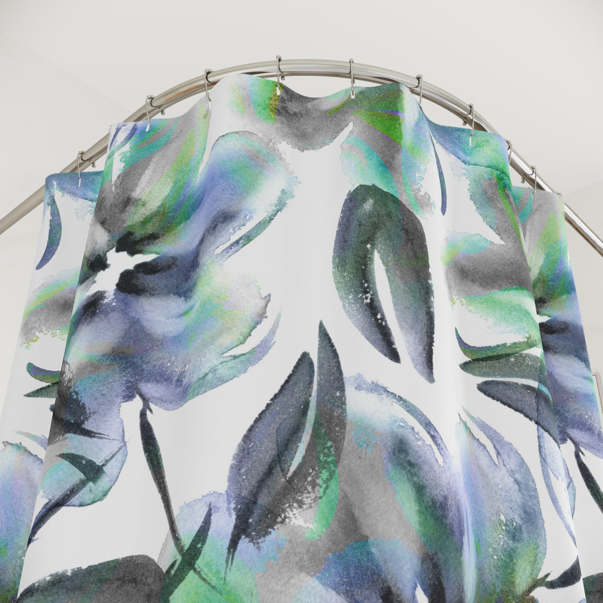 Blue Green Watercolor Iris Shower Curtain, Bath Curtain 71x74