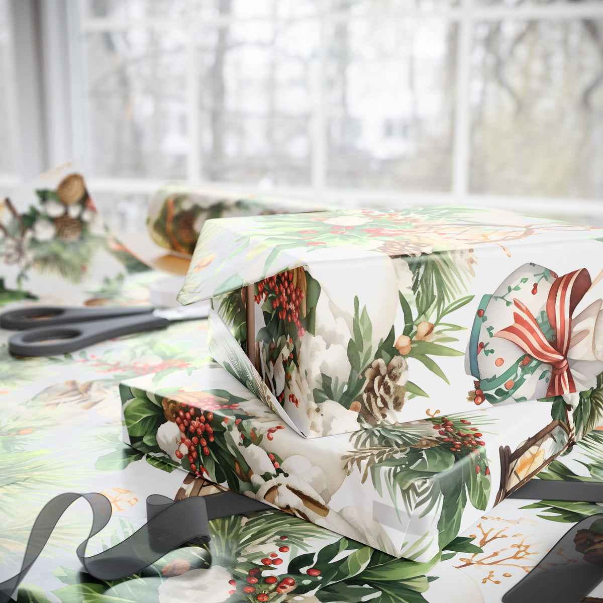 Pine Cone Lantern Greenery Christmas Wrapping Paper, Gift Wrap