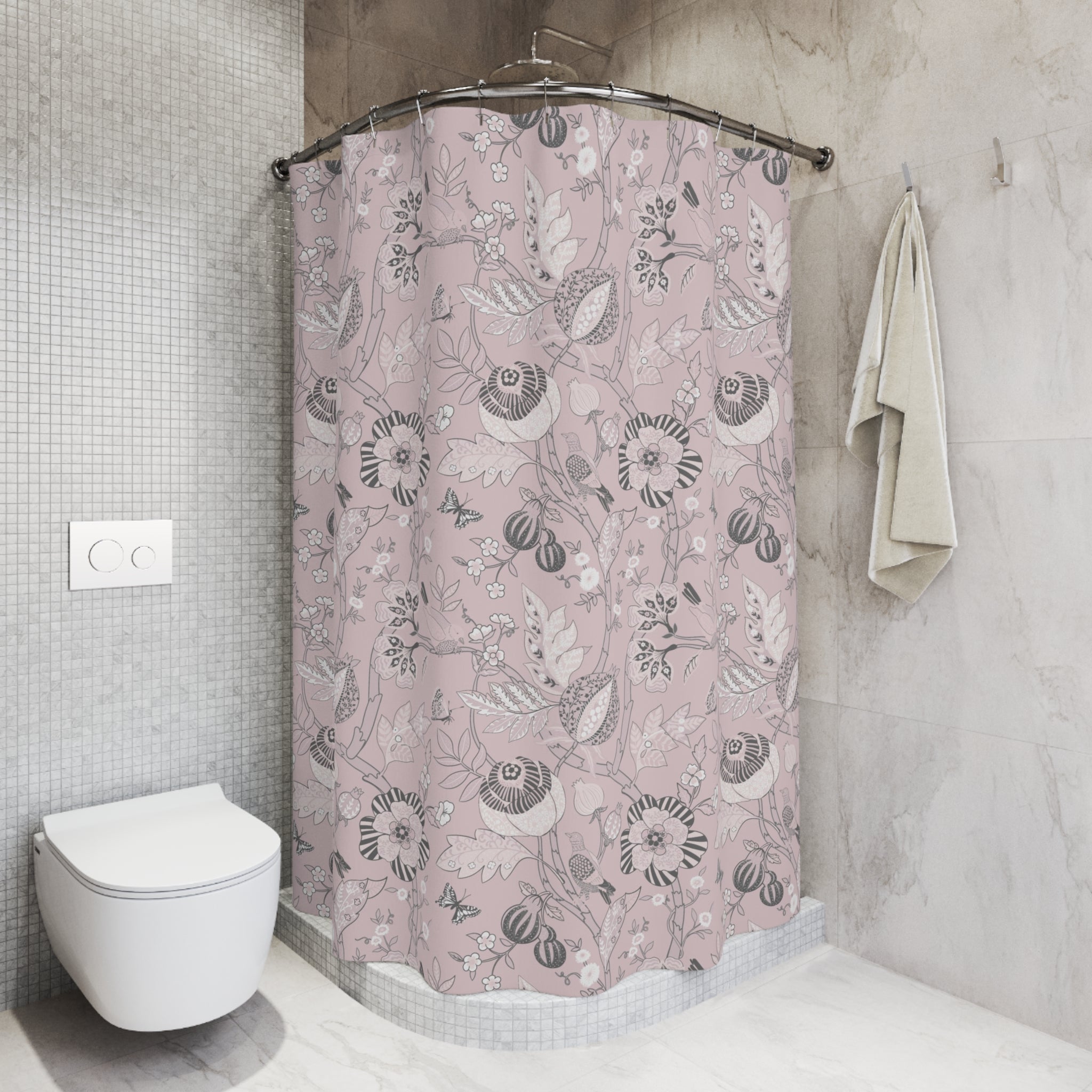Chinoiserie Shower Curtain | Pink Grey Floral, Vintage