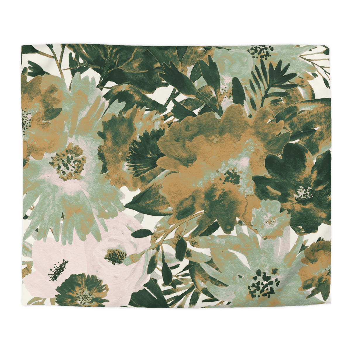 The image is a vibrant and colorful floral print featuring a variety of flowers and leaves in shades of green, brown, and beige.
