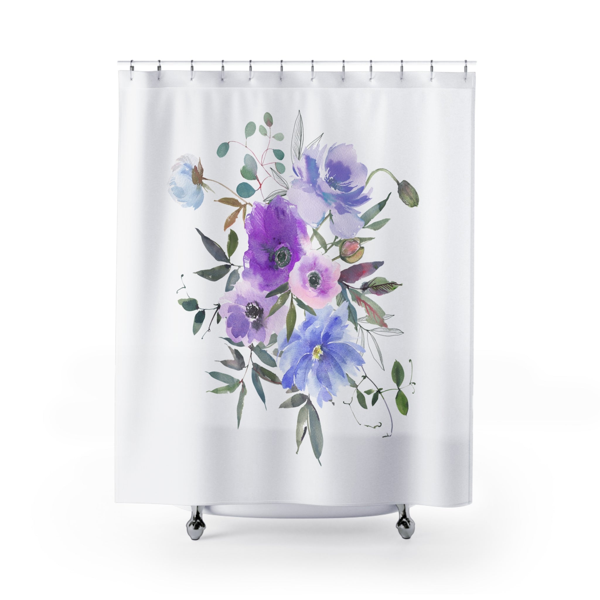 Modern Floral Shower Curtain | Lavender Purple Blue, Green Botanical