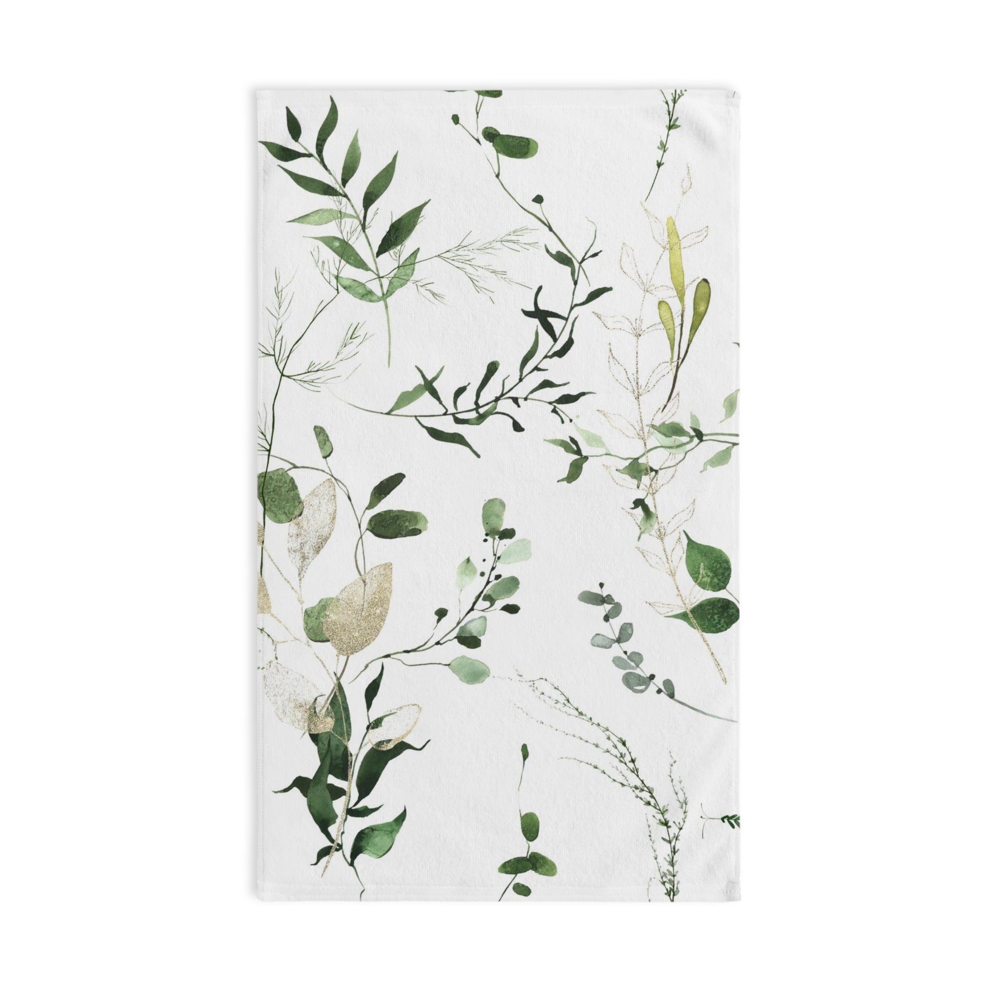 Floral Boho Kitchen, Bath Hand Towel | Watercolor White Forest Green Leaves