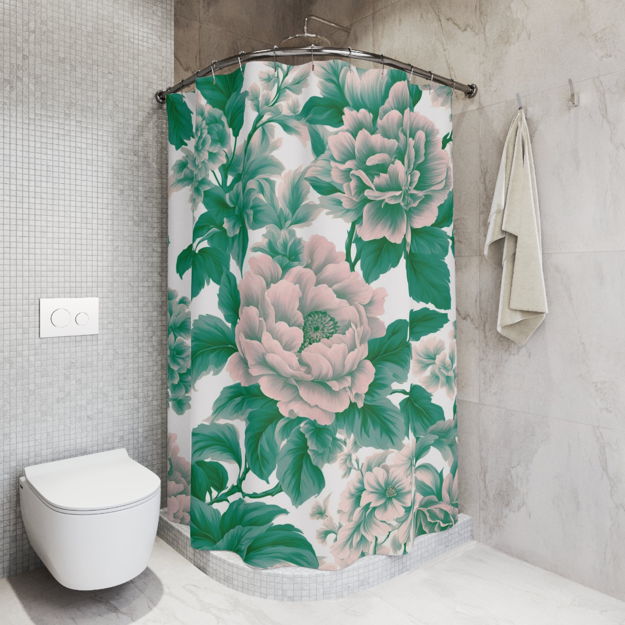 Boho Shower Curtain | Green Blush Pink Flowers